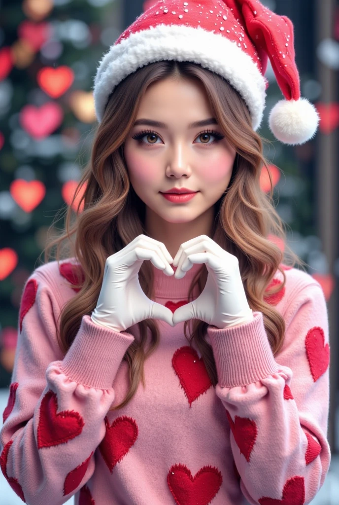  Beautiful Girl in a Christmas Hat Sexy ,  Nice and Sweet Appearance ,  Light Makeup ,  Standing dressed in a naked pink sweater with red hearts , soft winter gloves ,  draws a heart on the camera with her hands in a beautiful silver and red color delicate colors,  better quality ,  complex parts, 8 k,  as much detail as possible ,  masterpiece fails, 