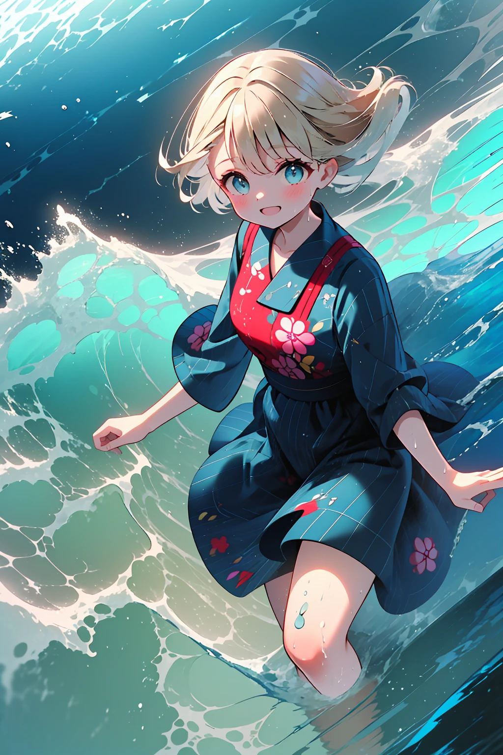 (8k,  super high quality , masterpiece:1.2),  super high res,  cute,  girl , solo, whole body, Blonde, Blue Eyes, Navy Blue Dress, Red floral pattern, Hawaiian Dress, sea,  like a ,  bright smile, soaked, whole bodyに水滴,  walking with hands on a cliff , Submersion, 