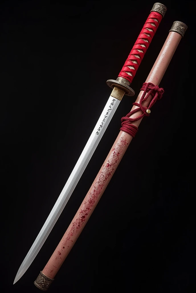 A Japanese katana with glowing  red lined with white clothing handle, about 90cm long, intricate venta black guard, blade made of pure white metal with Japanese characters carved on it. The sheath of the katana is also white with red ruby imbeded in it .