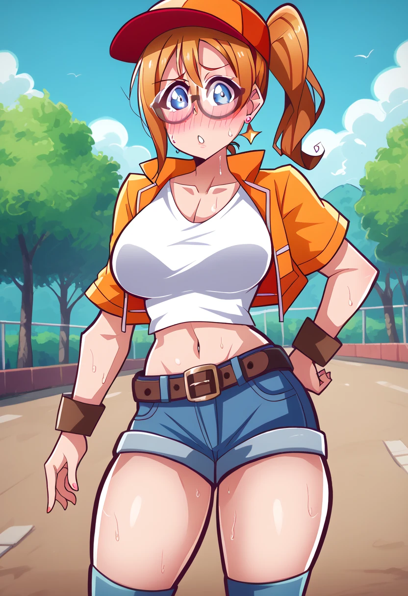 (Masterpiece, Best Quality, High Quality), anime style, , love live,kousaka honoka , kousaka honoka,id_honoka_kosaka,love live, blue eyes, orange hair, glasses, medium hair, ponytail, crop top, hat, jacket, knee pads, shorts, sleeveless, navel, belt,8k wallpaper, looking at viewer, earrings, outdoors, erotic figure, (blushing:1.2) , sweating, big breasts, cleavage,dbp, crotch,hentai