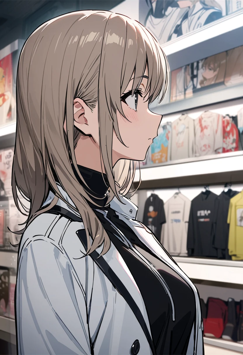 　kawaragi momoka,front, looks up at the ,Evil scheme,high neck Y shirt, white jacket,profile, in front of the store, Masterpiece  ,   top quality  , center part, 