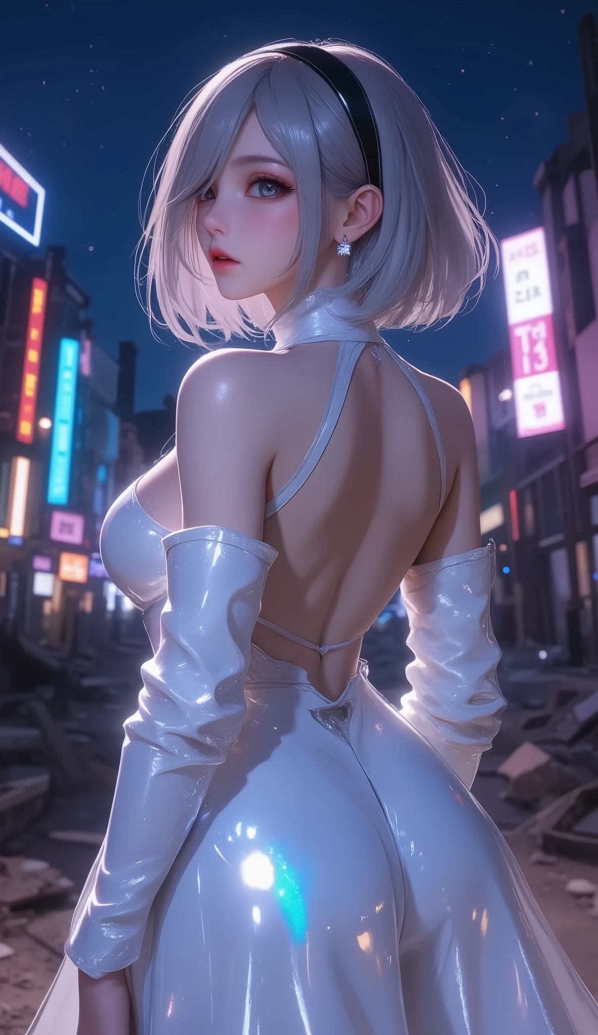 masterpiece, high res, illustration, animation style, movie style: your name, night , mid night , Gentle Light, Fascinating Light, batttle field, ruins of a big city, (back side shot, from her back, full body shot, full body, view from her back:1.7), (1 female: 1.3), (Alone: 1.4), Type 2B Yorha, has long eyelashes, short bob, nose_, open_mouth, futon, , Backless long Dress, , Kirarhythm, dynamic perspective, perspective, Bokeh, Depth_of_Field, from_ Down, (natural breasts:1.2), (Uplifted and well-defined bust:1.2),