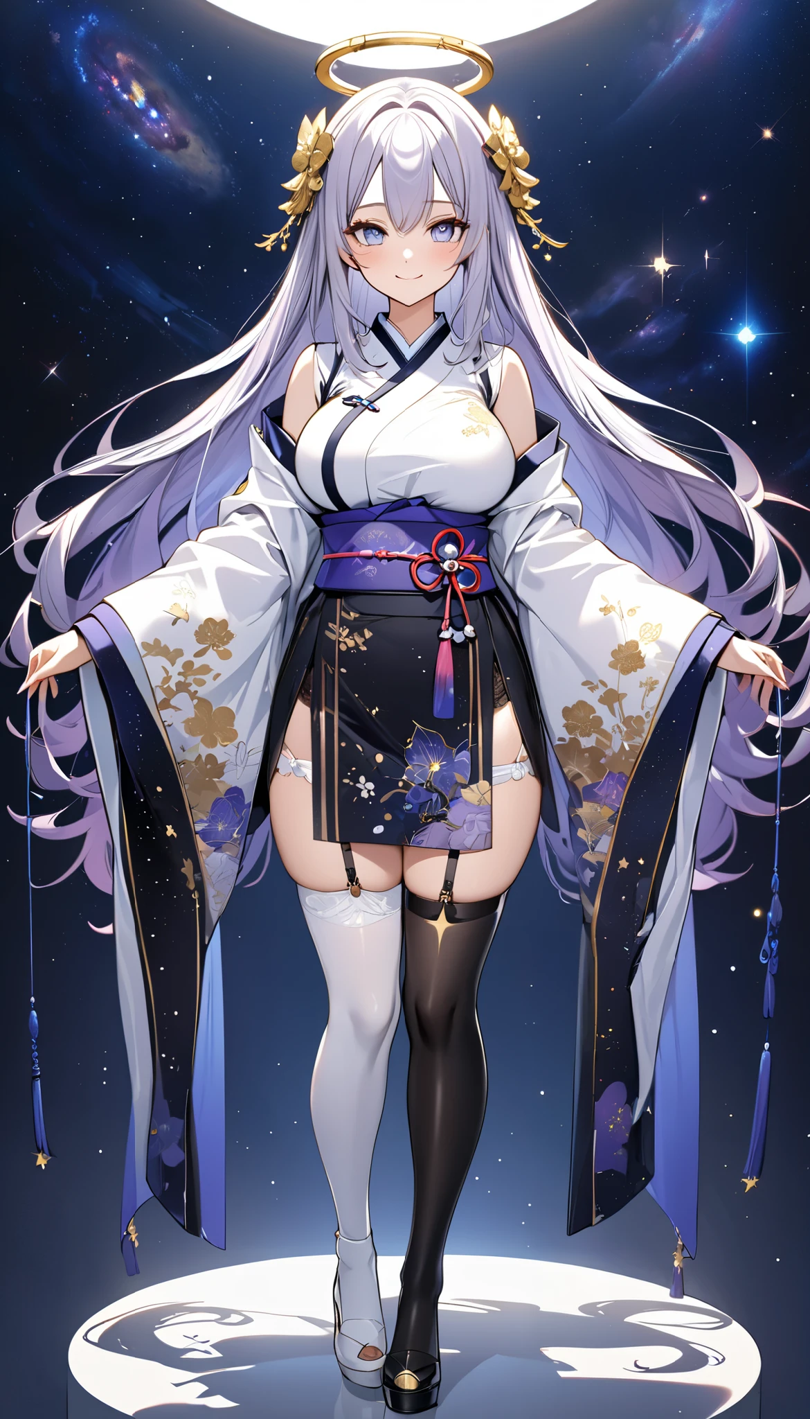 Fresh illustration,
Ultra-fine drawing,
Top quality,
Very delicate illustration,
Very fine details,
Beautiful charming anime woman,
Enchanting anime girl,
Super detailed,
Beautiful and sophisticated,
Illustration of a girl,
Full body,
Standing motionless,
Arms slightly spread,
Height 158cm,
Fair skin,
Right eye is blue,
Left eye is purple,
Odd eye,
Heterochromie iris,
Large black pupil,
Beautiful eyes,
Super long hair,
Shiny hair,
Roots are blue, rest is white,
Hair has a gradient,
Forehead is exposed,
Cute face,
Pretty face,
There is a shining angel halo on the back of the head,
Lowered eyebrows,
Smiling,
Upper body is wearing kimono,
Upper body is wearing Japanese clothing,
Overall white clothes,
Lower body is wearing a Chinese dress,
Obi color is black,
Tastefully embroidered with gold thread a certain,
clothes with a high-quality texture,
big breasts,
thong,
garter belt,
stockings,
thigh straps,
thigh straps digging into the skin,
white long boots,
shoe toes are Japanese-style,
thin waist,
thick thighs,
isometric,
golden ratio,
divine atmosphere,
wearing an indigo-colored stand-up collared inner,
outer space,
multiple galaxies,
countless small stars,
tactical use of shadows,
sexy outfit,