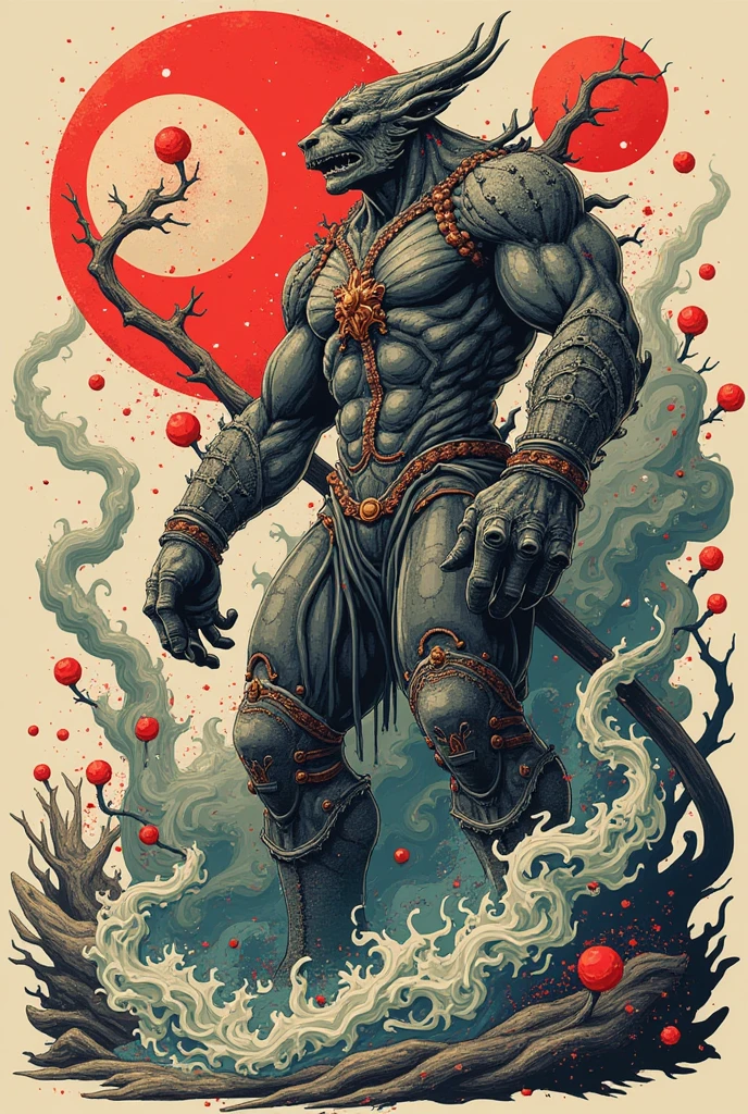 Red Demon, Muscular, Pecs, Abs, ???????, Skull Head, Tail, Hands behind the Head, Loincloth, Bulge, Smirk, Teasing, Big Pecs, Tattoo on the pecs, legs, Standing, Pond, Wet Body, Feet Submerged in the pond, Sunny, Water Dripping of the Body, No eyes, High Res, High Quality, Best Quality, 