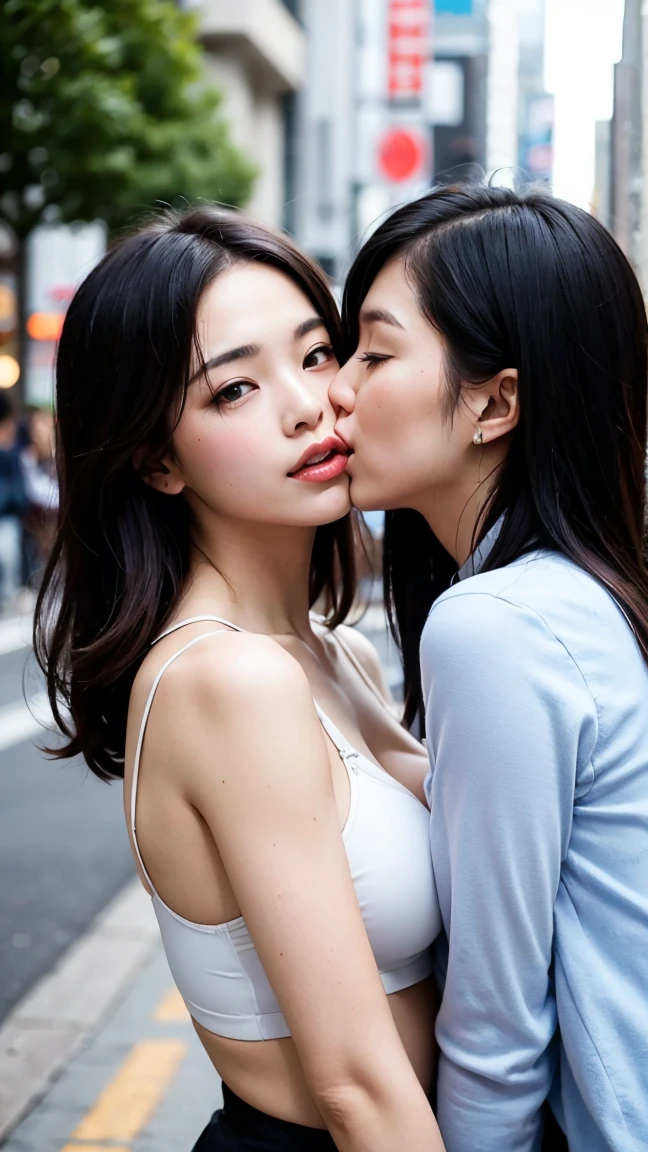Two girls in camisoles kissing on the street、Big Breasts