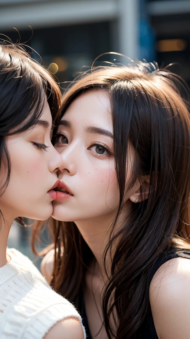 top-quality、超A high resolution、(Photorealsitic:1.4)、(Girls kiss each other:1.5)、kawaii eyes、off shoulder shirt、tight skirts、(dark brown hair:1)、looking at viewert、a closeup、Pointed mouth、Red cheeks、cafes、Light pink lips