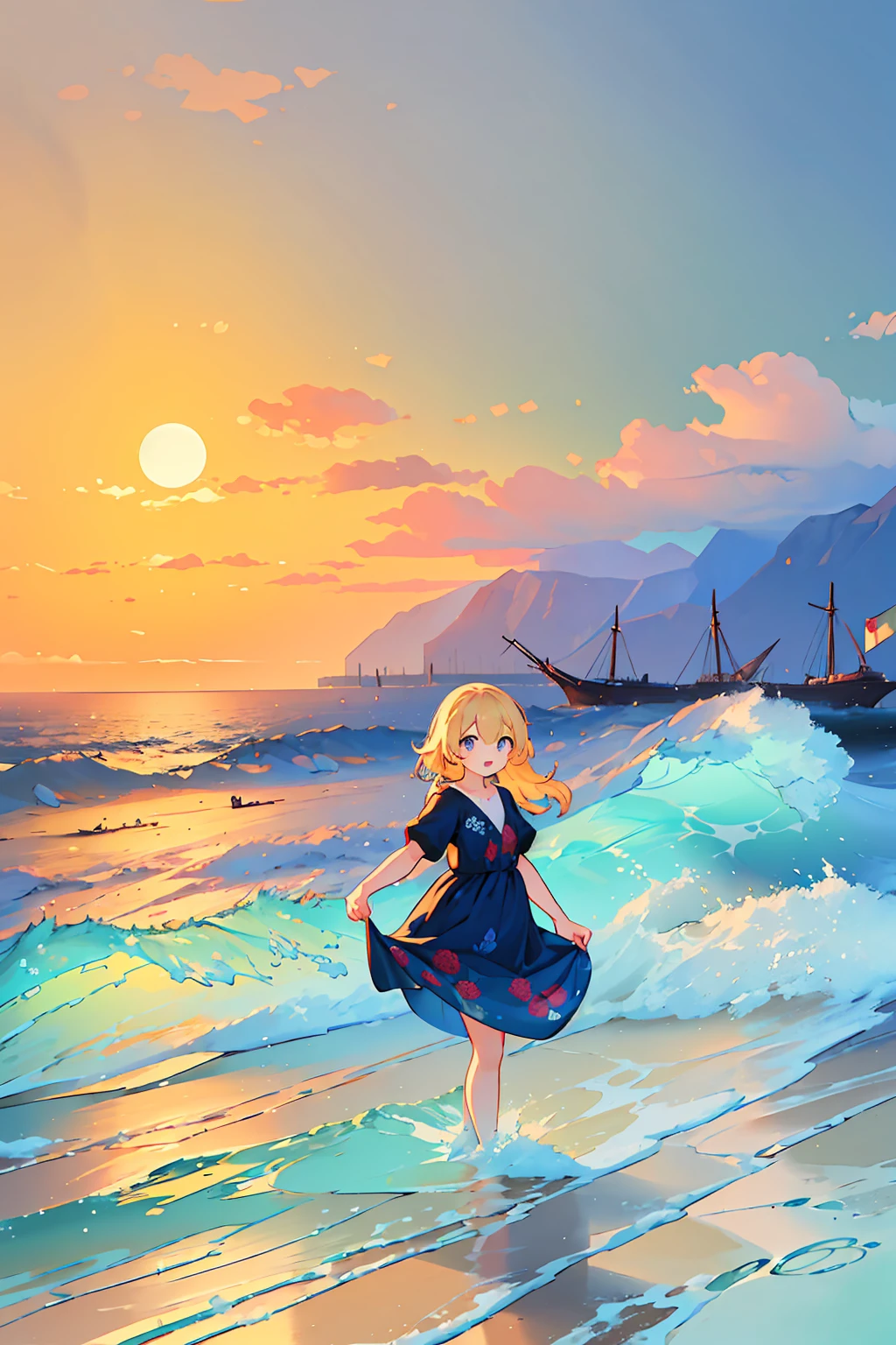 (8k,  super high quality , masterpiece:1.2),  super high res,  cute,  girl , solo, whole body, Blonde, Blue Eyes, Navy Blue Dress, Red floral pattern, Hawaiian Dress, sea,  like a ,  bright smile, soaked, whole bodyに水滴,  walking with hands on a cliff , Submersion, 