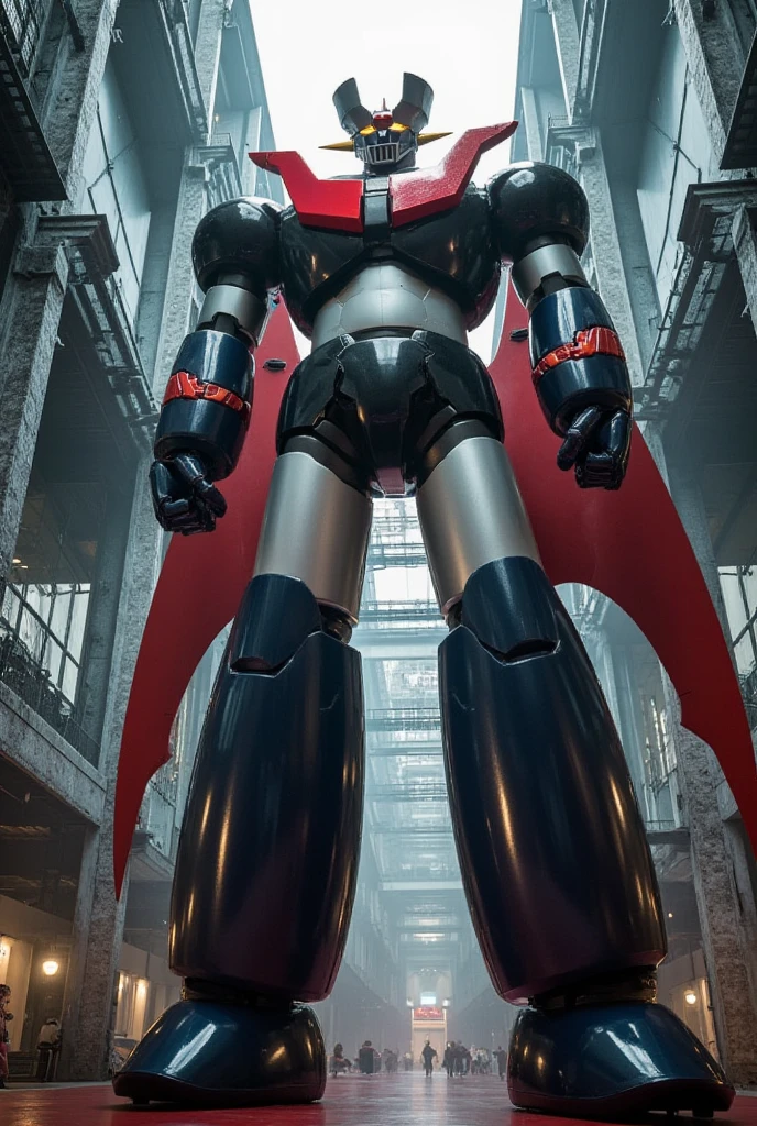  huge hero in a very realistic giant version 「 Great Mazinger Z 」 ,  standing 100 meters high in front  .    nuclear reactor equipment production line made of the latest materials such as steel   ,   Carbon Fiber  ,   Other industrial elements are also visible  ,   just like the real thing  ,   has been carefully recreated 。.   Installed in a modern industrial environment  ,   Masinger Z standing around  ,   are illuminated by natural light  、  A huge structure highlighted by realistic shadows  . LED light lighting  .    is installed at the Space Science Research Institute Chemical Repair Industry Production and Environmental Science Center  , Illuminated by natural light   ,    are illuminated by natural light  て 、    space development dock 、リアルな影で強調された space development dock   . LED light factory  　