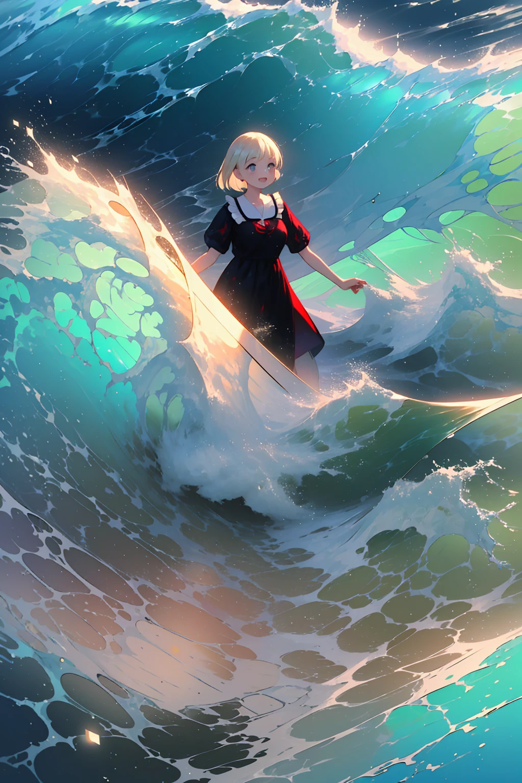 (8k,  super high quality , masterpiece:1.2),  super high res,  cute,  girl , solo, whole body, Blonde, Blue Eyes, Navy Blue Dress, Red floral pattern, Hawaiian Dress, sea,  like a ,  bright smile, soaked, whole bodyに水滴,  walking with hands on a cliff , Submersion, 