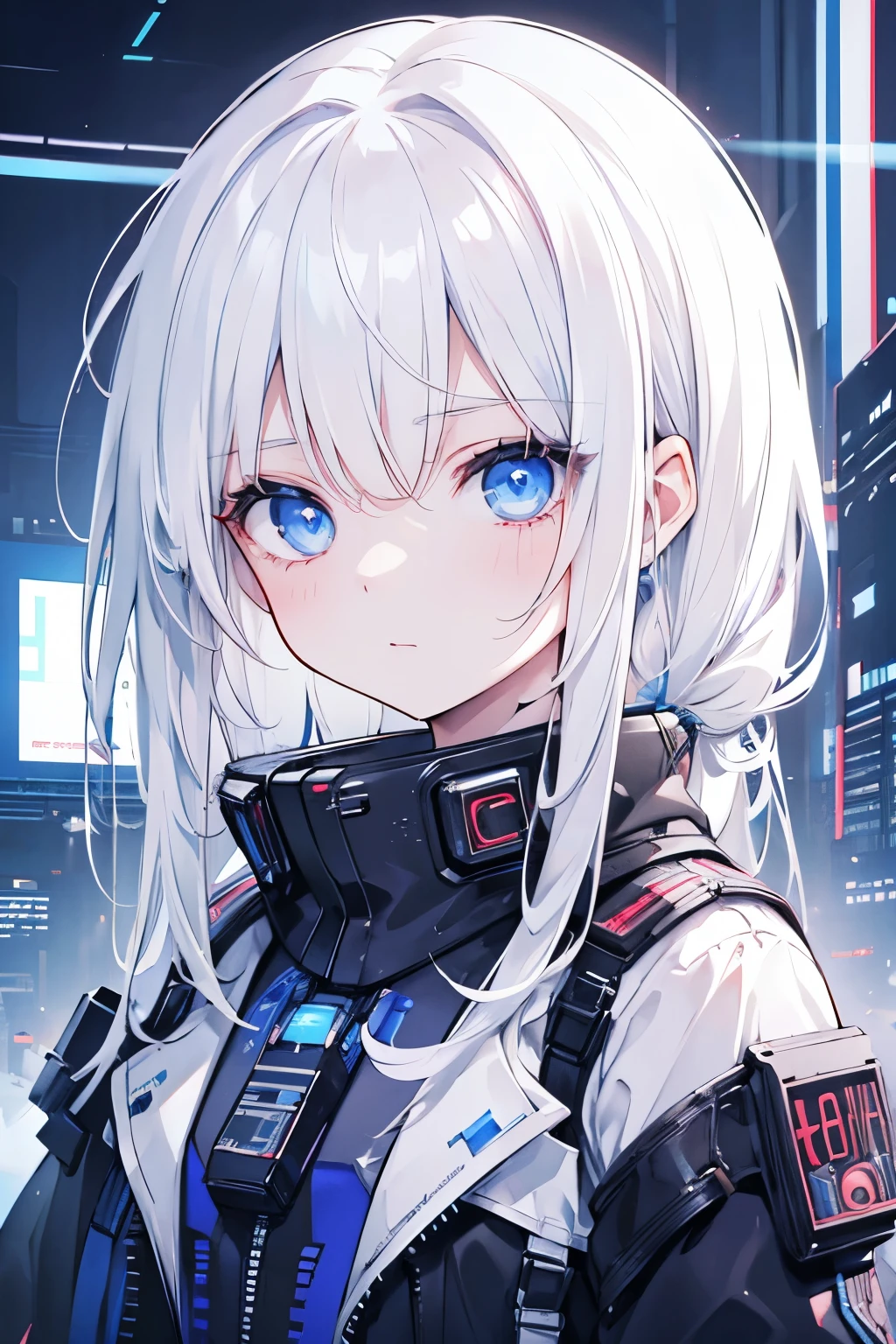 (( top quality )), ((masterpiece)), ( Details), 1girl,  cyberpunk,small, white hair,Kind eyes, blue eyes, troubled face