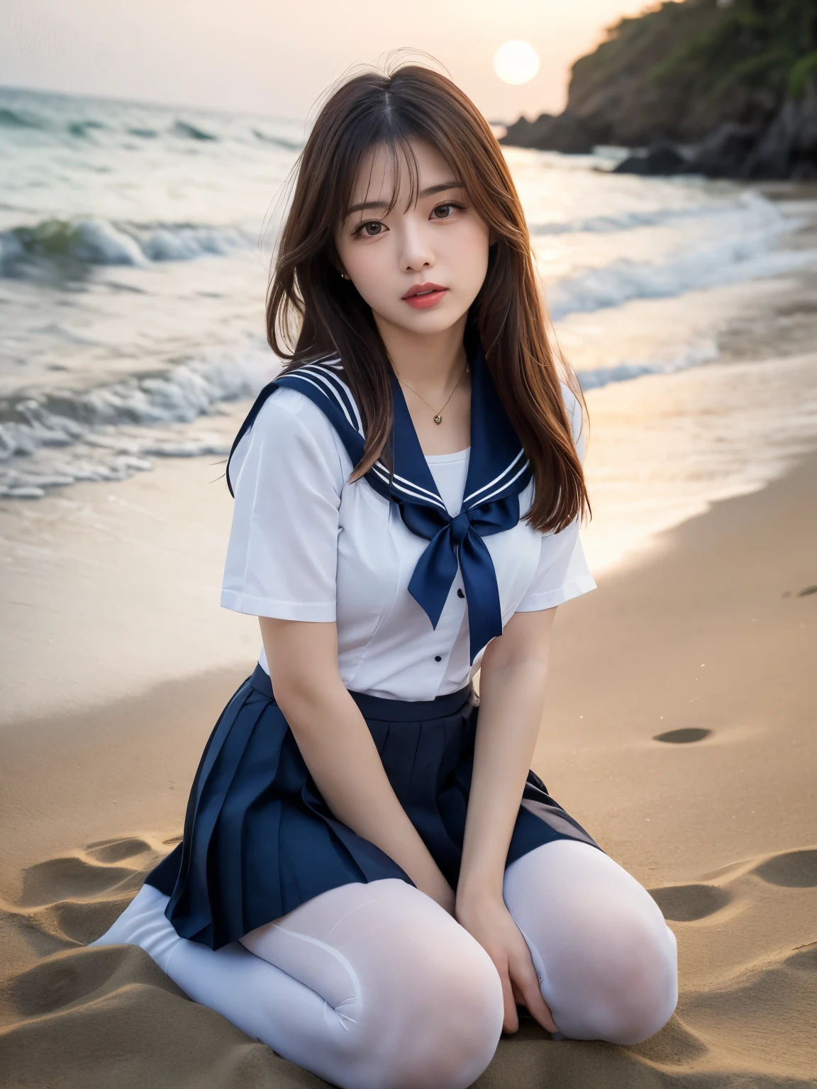 8k、Raw photo、highest quality、Japanese person model、Young Sensual Gravure Idol、A young and cute gravure idol、リアルなYoung Gravure Idol、Real fleshy gravure idol、Young Gravure Idol、A sophisticated gravure idol、Young and skinny gravure idol、The most beautiful Asian girls of all time、Sailor suit、Navy blue pleated mini skirt、Cleavage、Beach,Blur the background