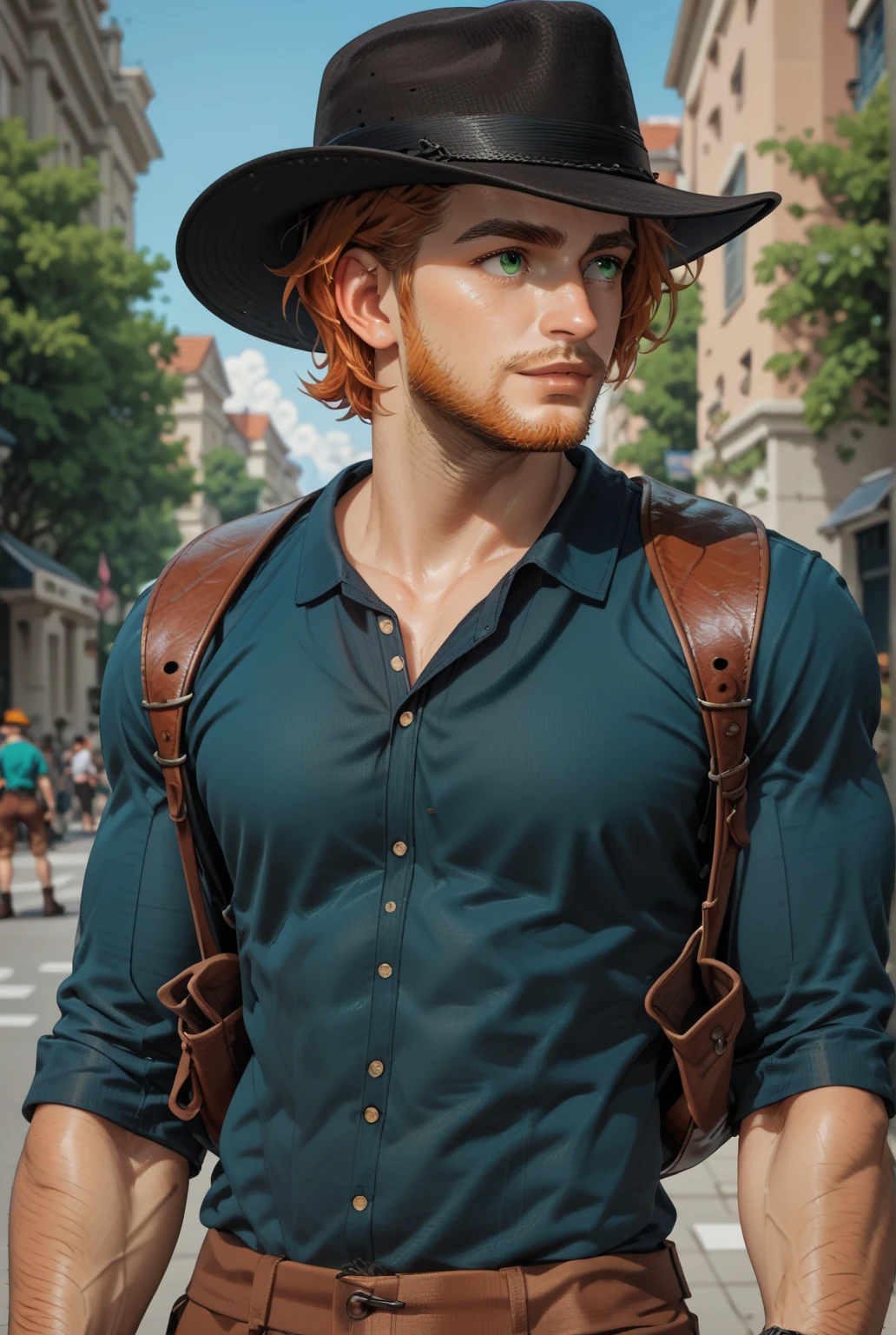 Imale, ginger hair, short hair, ginger full beard, green eyes,dark brown leather fedora, kahki button up shirt sleeves rolled up, adventuring backpack,
Dark brown pants, black leather lace up boots, empty holster on right hip, diamond watch on right wrist, standing,Athletic build, Multiple Views, standing, show full body, High Details, Accurate, 