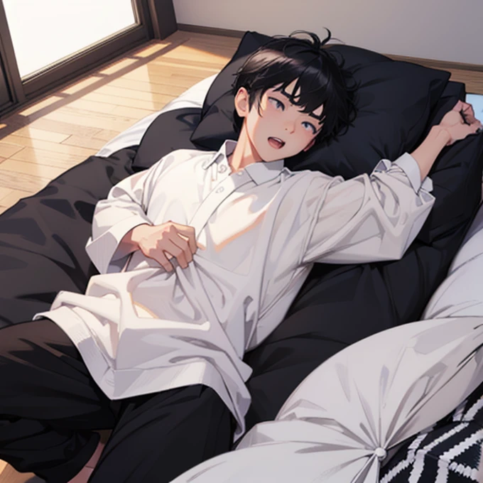 Masterpiece, best quality, very detailed, Ultra high resolution, (photorealistic:1.4), raw photos, (realistic:0.2), 1 girl, alone, short hair,8k hdr, 1 girl,black hair, shy ,sweat,steam,wet,wet, medium-large breast, bright eyes, , medium-small breasts,,(pajamas) ,Spread your legs, ,, bedroom