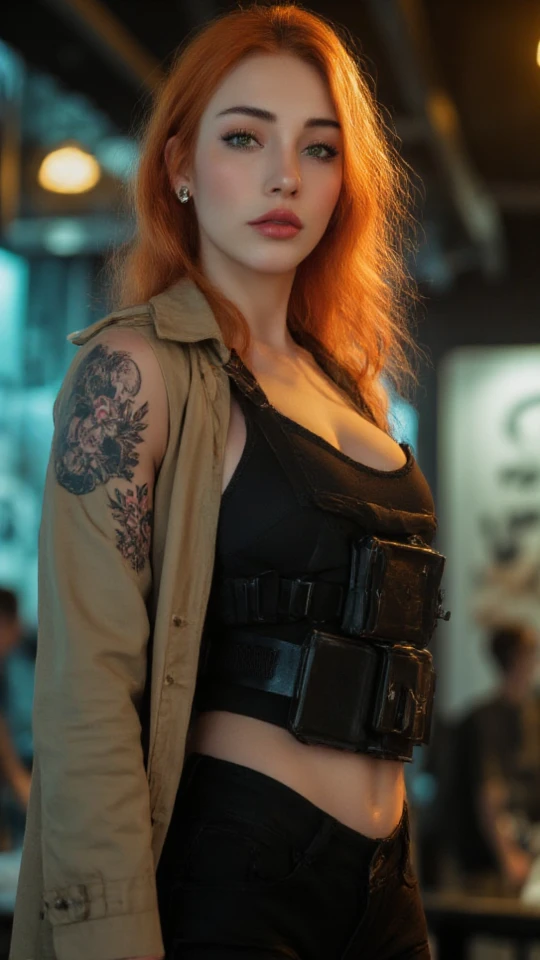 1woman, age 24, Solo, Aesthetic artwork, irish redhead, long ginger hair, commanding presence, stern glare, wavy red hair, green eyes, floral tattoo on shoulder, pale skin, long trench coat, black trousers, skin tight tactical vest over sleeveless shirt, covered abdomen, C-cup, medium breasts, fit and slim body, detailed skin texture, dynamic pose, indoors, cyberpunk themed artwork (extremely detailed 8k wallpaper), studio lighting, high quality, Fujifilm XT3 sharp focus, f 5.6, 50mm, High Detail, Sharp focus,(estudio light), crazy details, complex details, hyper detailed.