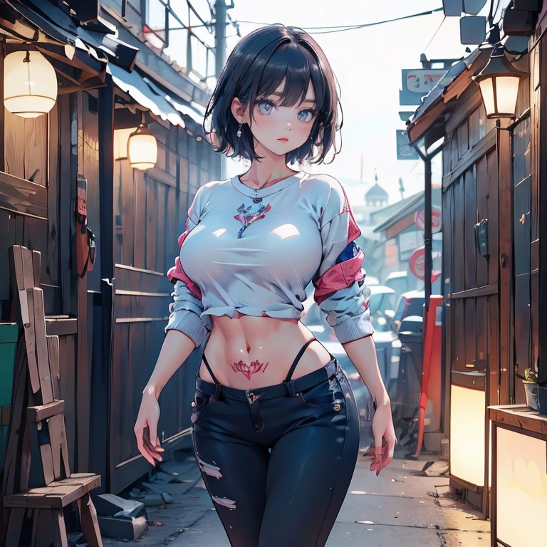 1girl, absurdres, high res, extremely detailed ultrasharp, 8K, masterpiece, looking at viewer, thighs, , underboob, grey hair, short hair, crop top, short shorts, thighhighs, blush, naval, sweaty, transparent