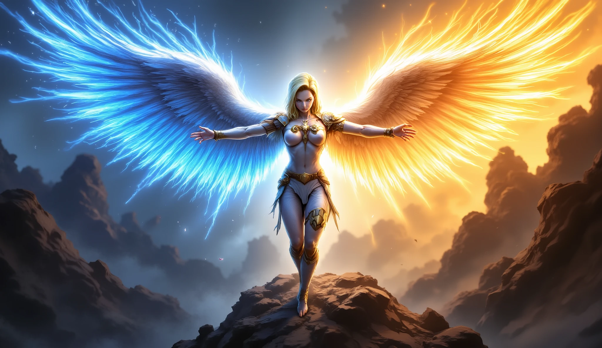 full body view, android c 18 as a holy arch angel in beautiful armor and holy magic aura with huge wings, the left wing is water wing and right wing is fire wing