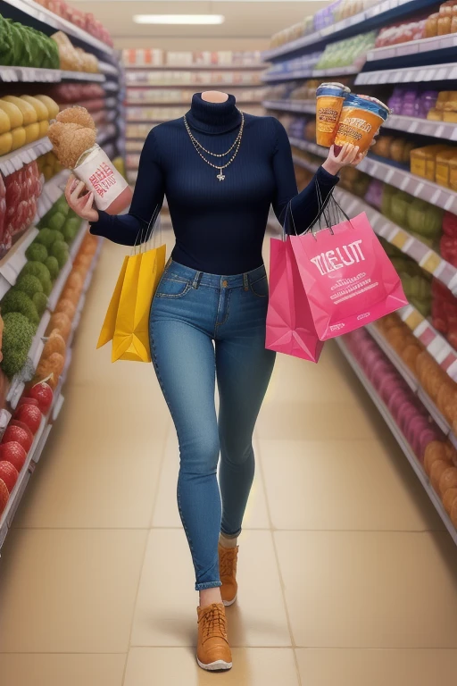 realistic, headless, 1 woman, blue turtleneck, denim jeans, necklace, holding a shopping bag, walking through an aisle, grocery store background