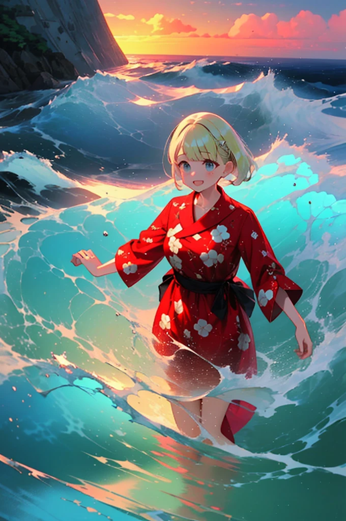 (8k,  super high quality , masterpiece:1.2),  super high res,  cute,  girl , solo, whole body, Blonde, Blue Eyes, Navy Blue Dress, Red floral pattern, Hawaiian Dress, sea,  like a ,  bright smile, soaked, whole bodyに水滴,  walking with hands on a cliff , Submersion, 