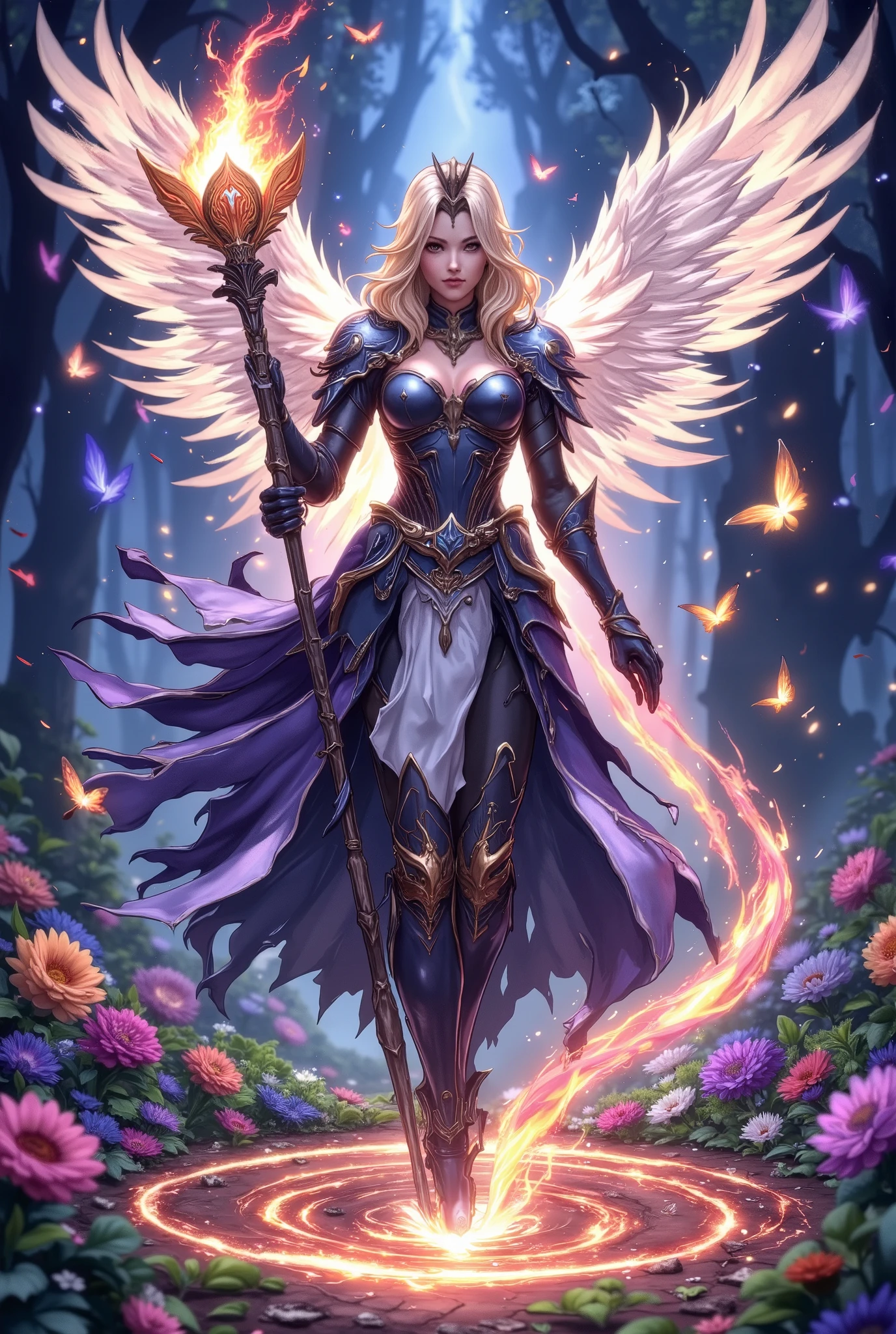  Angel in Armor with Blond Hair ,  A beautiful magic cane with runes and symbols ,  Draws Circles on the ground glowing from which gentle, golden light emanates like pollen upward,  Beautiful snow-white wings Patterned armor with black and purple coating , Background A meadow of flowers ,  plenty of butterflies and iridescent glow ,  masterpiece fails, fantasy style,  as much detail as possible ,  better quality ,  complex parts, 16K, Fantasy,