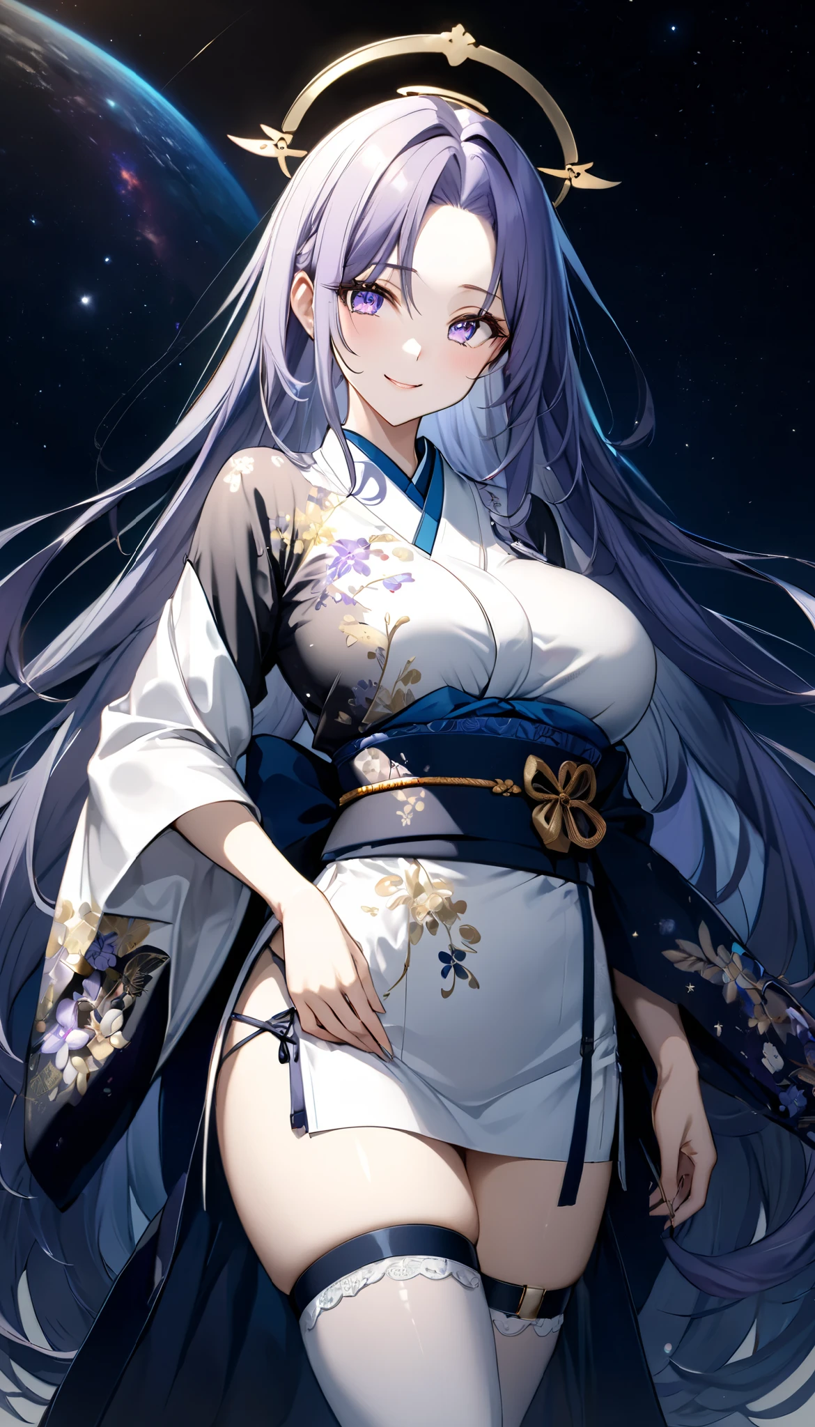 Fresh illustration,
Ultra-fine drawing,
Top quality,
Very delicate illustration,
Very fine details,
Beautiful charming anime woman,
Enchanting anime girl,
Super detailed,
Beautiful and sophisticated,
Illustration of a girl,
Full body drawing,
Standing motionless,
Arms slightly spread,
Height 158cm,
Fair skin,
Right eye is blue,
Left eye is purple,
Odd eye,
Heterochromie iris,
Large black pupil,
Beautiful eyes,
Super long hair,
Shiny hair,
Roots are blue and the rest is white,
Hair has a gradient,
Forehead is exposed,
Cute face,
Pretty face,
There is a shining angel halo on the back of the head,
Eyebrows are lowered,
Smiling,
Upper body is wearing kimono,
Upper body is wearing Japanese clothing,
Overall white clothes,
Lower body is wearing a Chinese dress,
Obi color is black,
Tasteful embroidery with gold thread,
Top Quality fabric clothing,
Big breasts,
Thongs,
Garter belts,
Stockings,
Thigh straps,
Thigh straps digging into the skin,
White long boots,
Japanese-style toes,
Thin waist,
Thick thighs,
Isometric,
Golden ratio,
Divine atmosphere,
Wearing an indigo-colored stand-up collared inner,
Outer space,
Multiple galaxies,
Countless small stars,
Tactical use of shadows,
Clothes and hair do not extend beyond the frame,