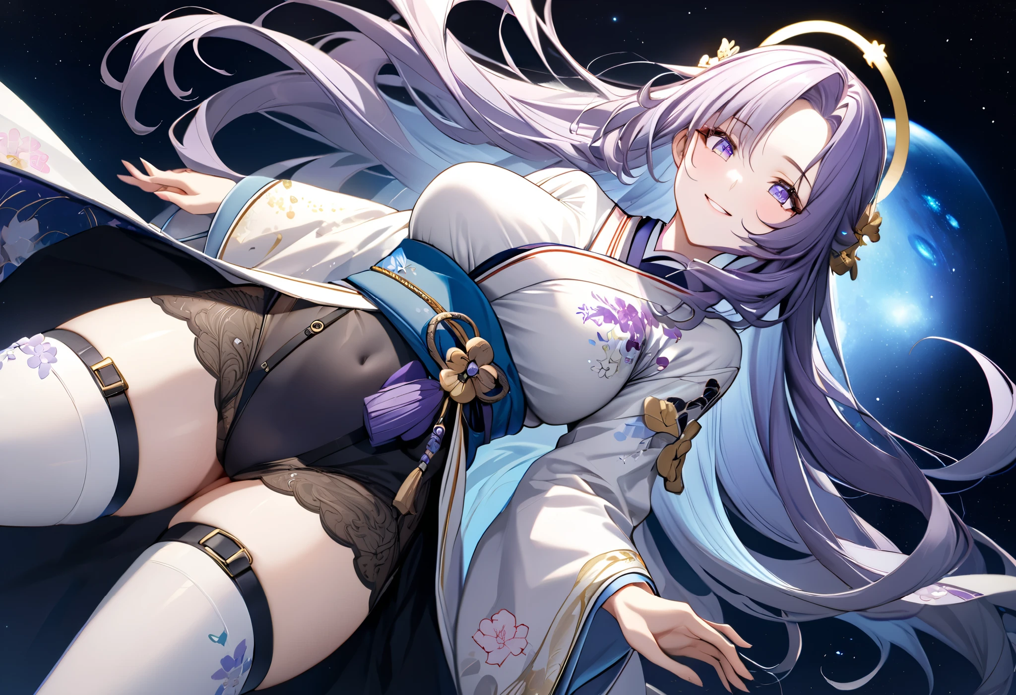 Fresh illustration,
Ultra-fine drawing,
Top quality,
Very delicate illustration,
Very fine details,
Beautiful charming anime woman,
Enchanting anime girl,
Super detailed,
Beautiful and sophisticated,
Illustration of a girl,
Full body,
Standing motionless,
Arms slightly spread,
Height 158cm,
Fair skin,
Right eye is blue,
Left eye is purple,
Odd eye,
Heterochromie iris,
Large black pupil,
Beautiful eyes,
Super long hair,
Shiny hair,
Roots are blue and the rest is white,
Hair has a gradient,
Forehead is exposed,
Cute face,
Pretty face,
There is a shining angel halo on the back of the head,
Lowered eyebrows,
Smiling,
Upper body is wearing a kimono,
Upper body is wearing Japanese clothing,
Overall white clothes,
Lower body is wearing a Chinese dress,
Obi color is black,
Tasteful embroidery with gold thread,
Clothes made of high-quality fabric,
Big breasts,
Thongs,
Garter belts,
Stockings,
Thigh straps,
Thigh straps digging into the skin,
White long boots,
Japanese-style toes,
Thin waist,
Thick thighs,
Isometric,
Golden ratio,
Divine atmosphere,
Wearing an indigo-colored stand-up collared inner,
Outer space,
Multiple galaxies,
Countless small stars,
Tactical use of shadows,
Clothes and hair do not extend beyond the frame,