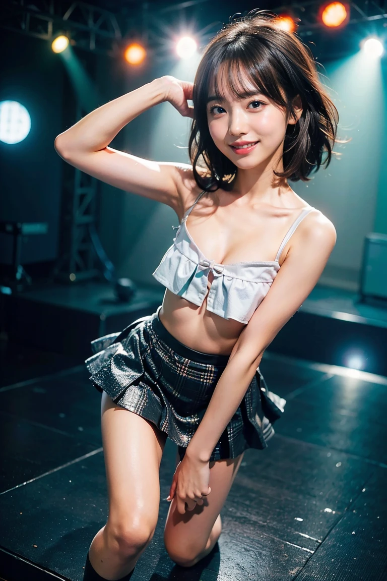 (15 year old beautiful girl rock band group:1.5)、vocal、drum、base、Punk Rockの格好、NSFW、Super detailed、High resolution、transcendental beauty　highest quality、masterpiece、Wear knee socks、Electric guitar、Wristband、earrings、necklace、Majimix Real、(RAW photo:1.2)、(Photoreal:1.4)、beauty in details、and delicate expression、On the outdoor stage of a concert、Packed fans、(I can see your nipples:1.5)、Punk Rockバンドのコスチューム、microphone、blonde、(Very short hair with mesh:1.3)、Sweat、((you can see me))、(squat)、eyelash、sparkling eyes、glossy lips、beautiful and detailed eyes、((beautiful japanese girl))、very detailed expression、highly detailed face、movie lighting、positive、((dynamic pose))、((open stance))、(I can see her pussy through the skirt:1.8), Punk Rock、(Accurately represents the shape of the female genitals:1.5), (Detailed depiction of the labia minora, vaginal opening, Detailed depiction of the clitoris:1.5), (open your legs and kick:1.8)、(Dance with dynamism:1.8)、thin legs、(microphoneを持って叫んでいる:1.7)、Panting with sexual pleasure、(Feel the climax of ecstasy:1.6)、Open your mouth wide and scream、shame、Her cheeks flushed slightly、heartbreaking cry、angle from below