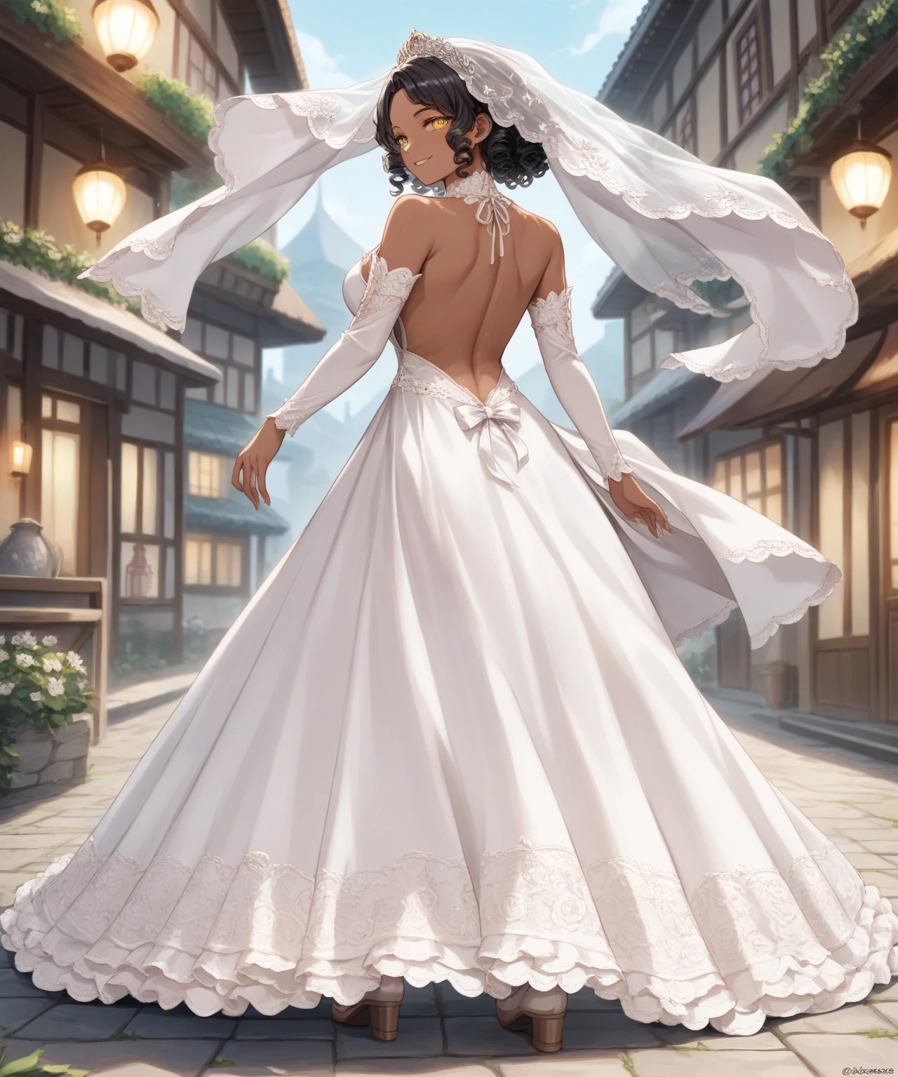 score_9, score_8_up, score_7_up, score_6_up, source_anime,1girl, solo,black hair, curly hair, shor hair,yellow eyes,gorgeous eyes, (dark skin), (dark-skinned_female),(looking at the viewer),(backless dress),wedding dresslace trimchokernecklacelong dresslace glovesjuliet sleeveslong sleeves,(exposed back),(fur trim), smile,full body shot, from the back,medieval festival