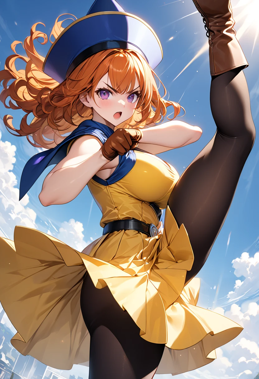 1 Girl、High resolution、masterpiece、(Arena - DQ4、DQ4-Arena、Orange Hair)、smile、Squat with your legs apart、Leaning forward、thin、Muscular、thin太もも、、Outdoor、sunny空、sunny、Navy blue hat、Cape、Yellow Mini Dress、boots、(((Sexy black panties with detailed trim)))、Attack with kicks、Attacking with the foot、shot of her from below、White tights with detailed embellishments