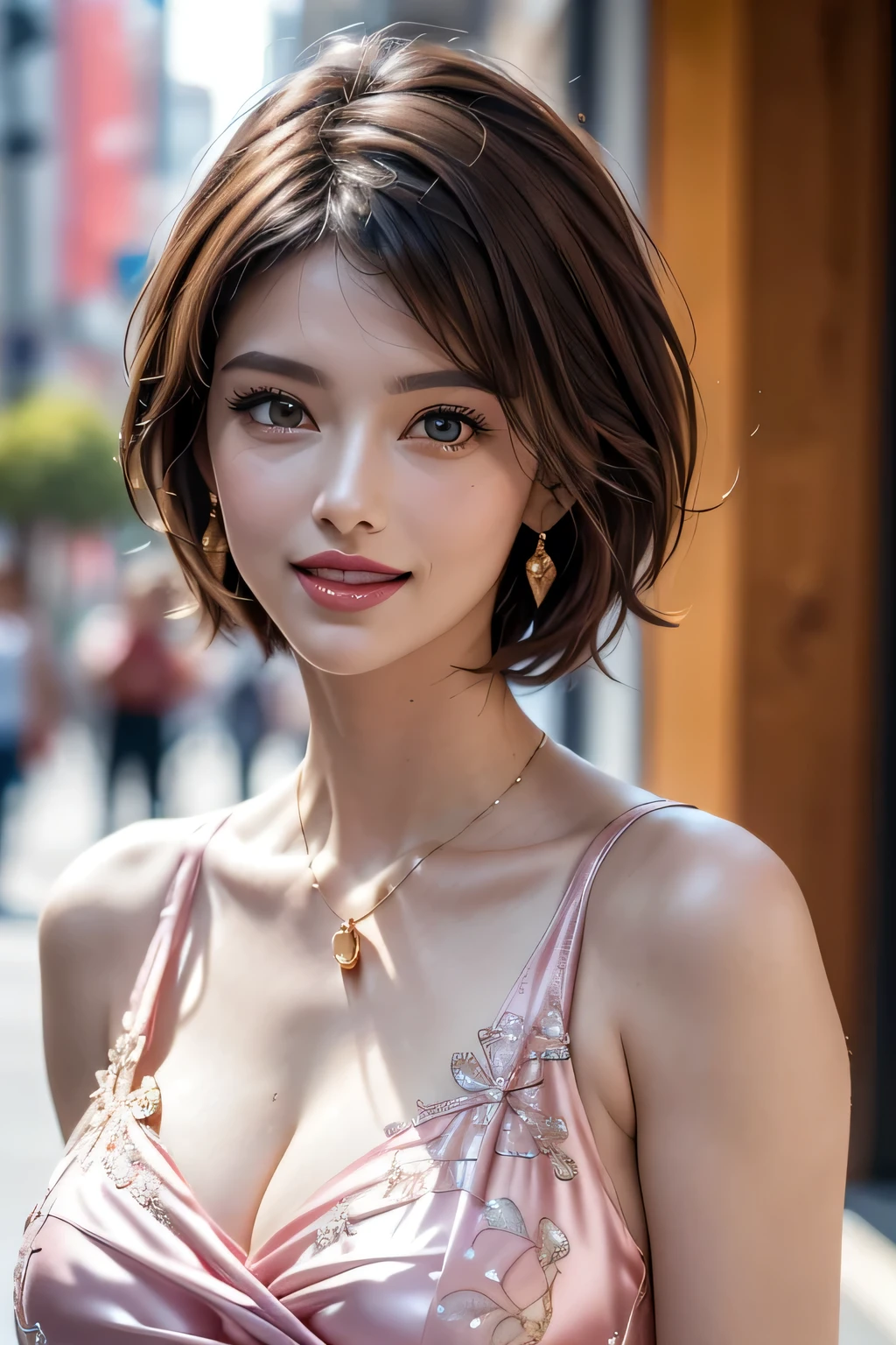 (1.    beauty ,    Supermodel   ), (      Perfect Anatomy ), (( upper body shot)), Golden Ratio, (top quality:1.4), 32k resolution, (    realistic      :1.5), High resolution UHD, (masterpiece :1.2)), (Improved quality:1.4), (  Very beautiful face details  ), (Grin), (top quality), ((pink silk dress decorated with finely detailed pattern :1.37)),    earrings,     necklace, (Big Breasts:1.3), (thigh), Accurate Fingers,   very detailed,   beautiful eyes,     double eyelids ,     eyelash    , Shaping your eyebrows, ((very detailed)),     red cheeks    , Ultra-     realistic      eyes, Perfect Lips,       perfect eyes,     natural cosmetics   , [ pink lipstick ], (( Commitment to quality       :1.2)), (    beautiful lips:1.33), (Great nose:1.2), (Big Breasts),       brunette pixie cut, ((    realistic    )), ((   Sharp Focus )), (     Highest Resolution ), ((    high image quality)), ((masterpiece)),     Professional Cinema Lighting  