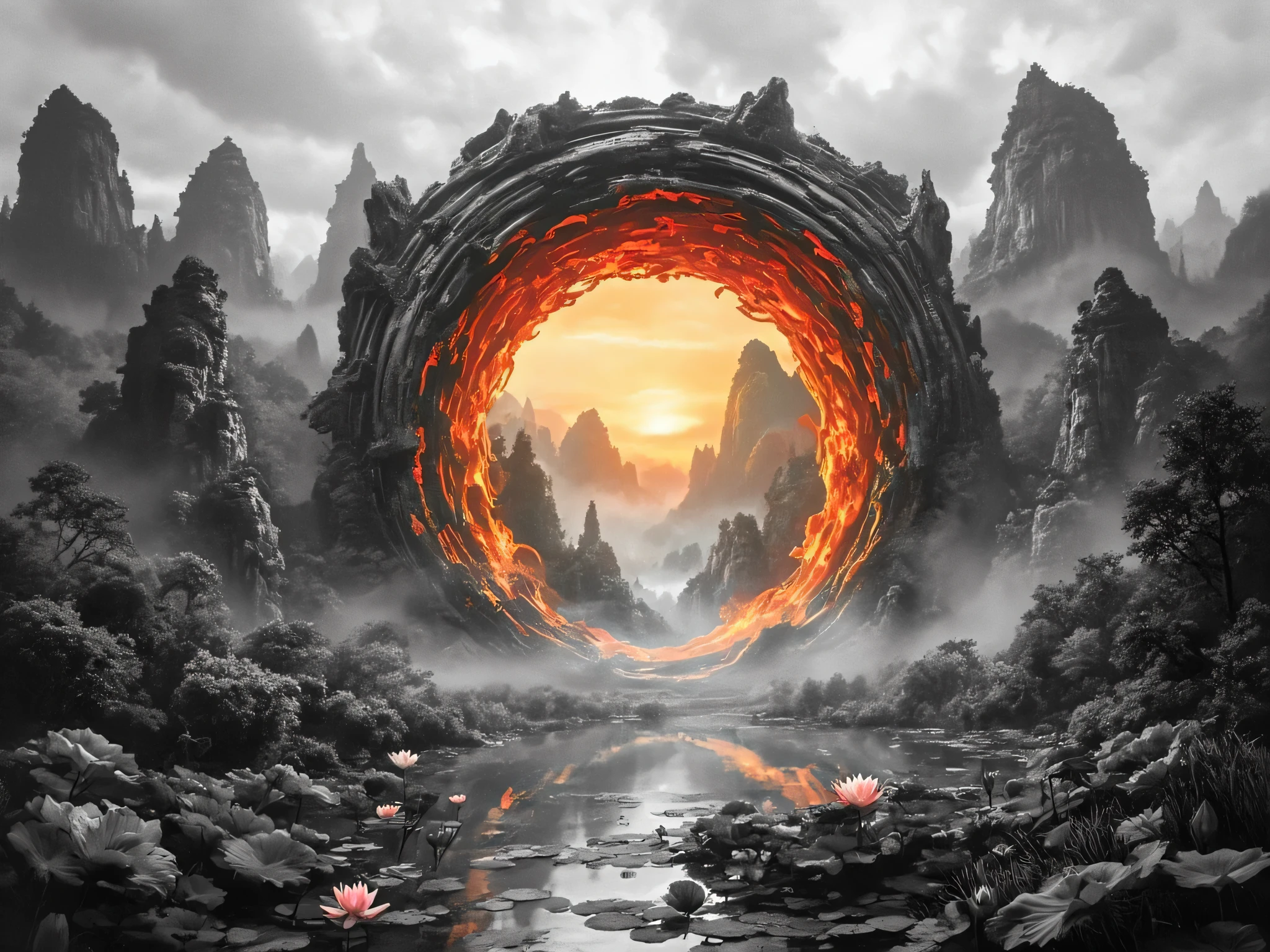 In this captivating monochrome artwork, the viewer is transported to a surreal and otherworldly landscape dominated by towering, mist-shrouded rock formations seamlessly blending with the lush forested surroundings. The foreground features a serene body of water adorned with lotus flowers, creating an idyllic and tranquil scene. The focal point of the image is a colossal, circular portal that frames a mesmerizing fiery sunset or sunrise, casting warm, rich colors of orange, red, and yellow. The intricate molten lava-like patterns and structures surrounding the portal further enhance the mysterious ambiance. The entire composition draws the viewer into a world of boundless creativity and wonder, leaving them spellbound and enchanted.
