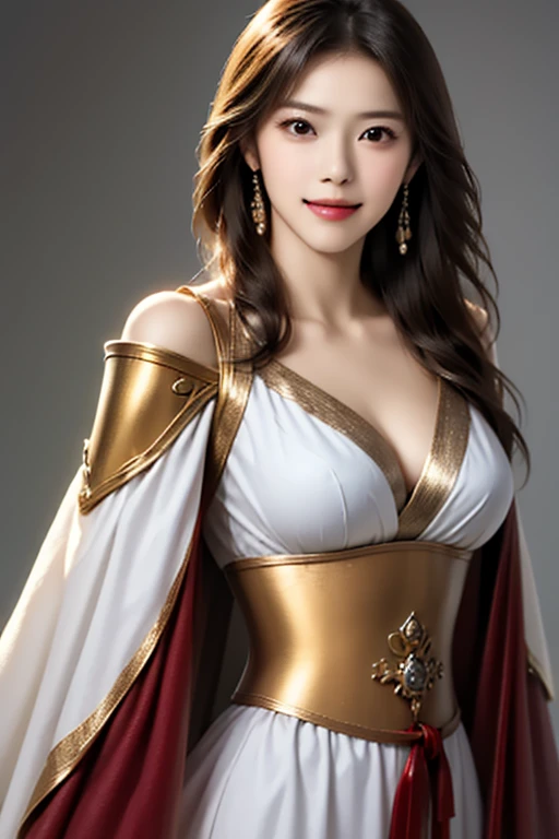 ((The upper body of a female warrior wearing gold and red armor and a cloak:1.4)),1 person,  black hair,  belly shortcut   ,Big breasts and cleavage,  high-definition face and skin texture  ,  staring at the camera,   Chinese Warrior:1.2,  perfect beauty: 1.4, fine grain,  double eyelids in a judo suit ,  whitening for women with bristles, top quality ,  super high res ,  simple background，Symmetrical Normal Eyes   , hair accessories, Slim Waist ,((great general)),