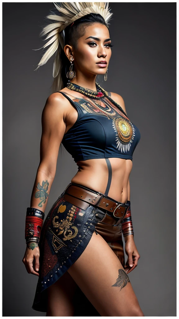 Ultra-high resolution photograph of a South American Indian woman , multiracial ,  thirty five years old ,  The woman's clothing is a mix of space Cowboy style and South American indigenous style ,  The woman's haircut is a shieldmaid mohawk and the sides of the head are tattooed , hair color dyed,  woman pose dancing full body ,  face realistically shown in ultra detailed ,  Body stature is tall with long legs and sensual curves and medium sized breasts ,  mood of photography is dark ,  top is a sleeveless cowboy shirt with a wide belt ,  Legwear is a maxi leather skirt with engraved Indian pattern and leather boots for women,  woman in her pose close to the camera