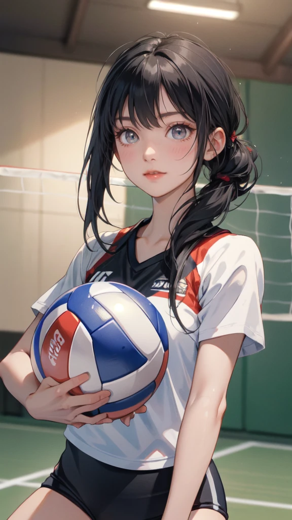 1lady solo, /(tight volleyball uniform/), /(Black hair, gray eyes/) bangs, blush light smile, (masterpiece best quality:1.2) delicate illustration ultra-detailed, BREAK /(volleyball court indoors/)