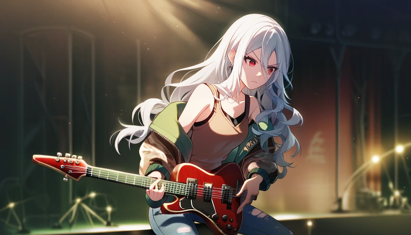 score_9, score_8_up, score_7_up, score_6_up, score_5_up, score_4_up, 1girl, solo focus, white hair, red eyes, medium hair, (long hair:1.3), wavy hair, hair between eyes, annoyed, piercings, (black jeans:1.2), ripped jeans, vest, tank top, chest sirashi, bomber jacket, open jacket, concert stage, microphone, electric guitar, warm lighting