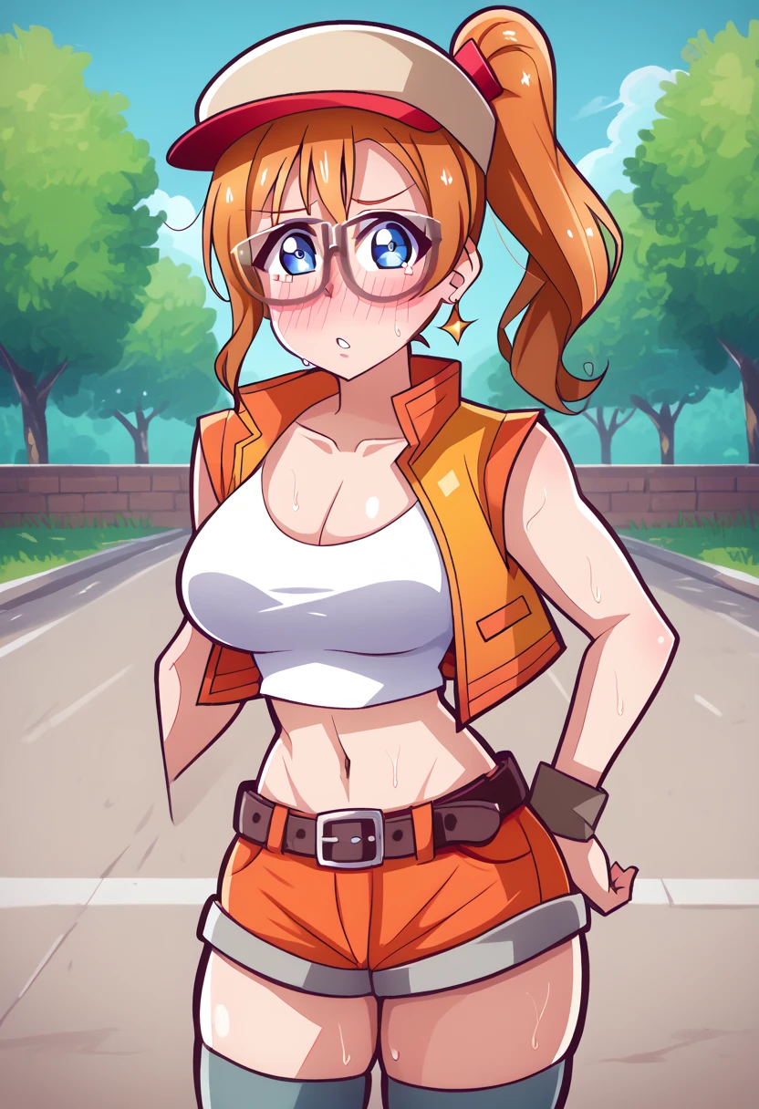 (Masterpiece, Best Quality, High Quality), anime style, , love live,kousaka honoka , kousaka honoka,id_honoka_kosaka,love live, blue eyes, orange hair, glasses, medium hair, ponytail, crop top, hat, jacket, knee pads,short shorts, sleeveless, navel, belt,8k wallpaper, looking at viewer, earrings, outdoors, erotic figure, (blushing:1.2) , sweating, big breasts, cleavage,dbp,hentai