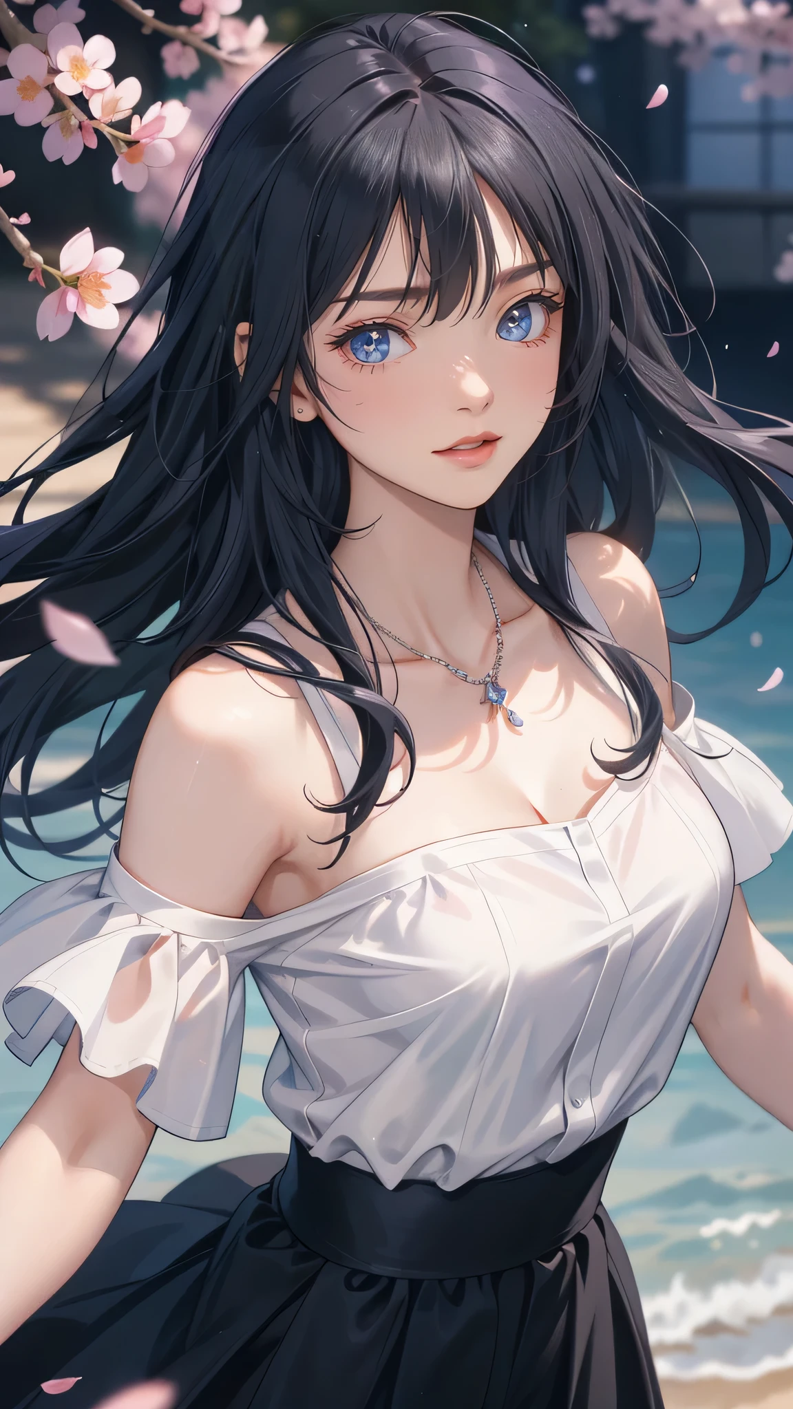 She is very beautiful and has perfect medium breasts, ((longBlack hair, hair over one eye)) Gray eyes (detailed background), detailed landscape, 1girl, solo, looking at viewer, smile, skirt, shirt, neckline, bare shoulders, jewelry, collarbone, white shirt, outdoor, necklace, off shoulder, bracelet, (masterpiece), (best quality), (ultra detailed), (highly detailed), (detailed face) ) petals, cherry blossoms, she is in dynamic pose exuding passion,long dark blue hair, Blunt Bangs, purple eyes