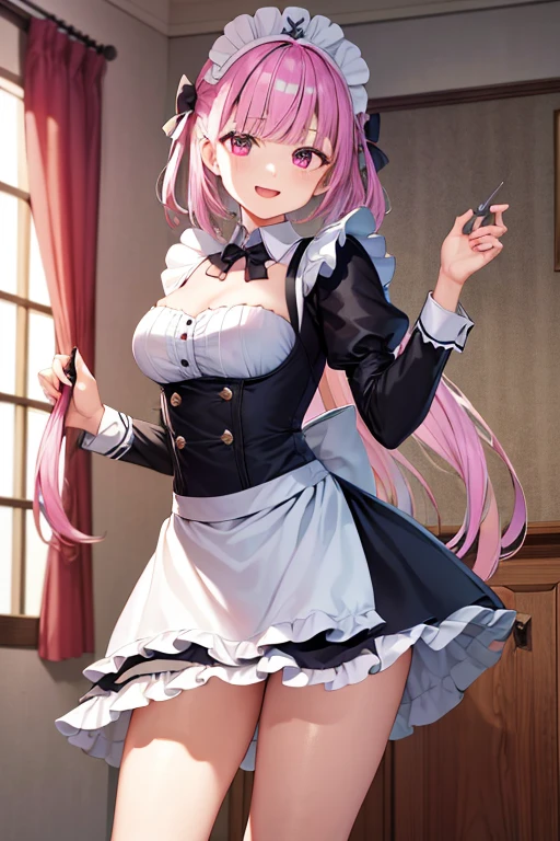 NSFW,Hololive,Akua Minato,twin tails,Maid clothes,mini skirt,white pantyhose,1 girl,blush,Are standing,open your legs,lift up skirt,Pants exposure,Black T-back,Underwear through pantyhose