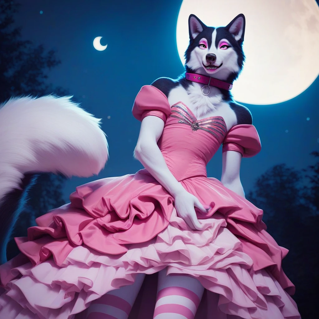 femboy, siberian husky, siberian husky ears, blue striped stockings, collar, thighs, zPDXL , pink mermaid tail below wasitline, night, moon, moonlight, pink lips, pink eyeshadow, wear Ballgown, male chest, facing viewer, at hall,