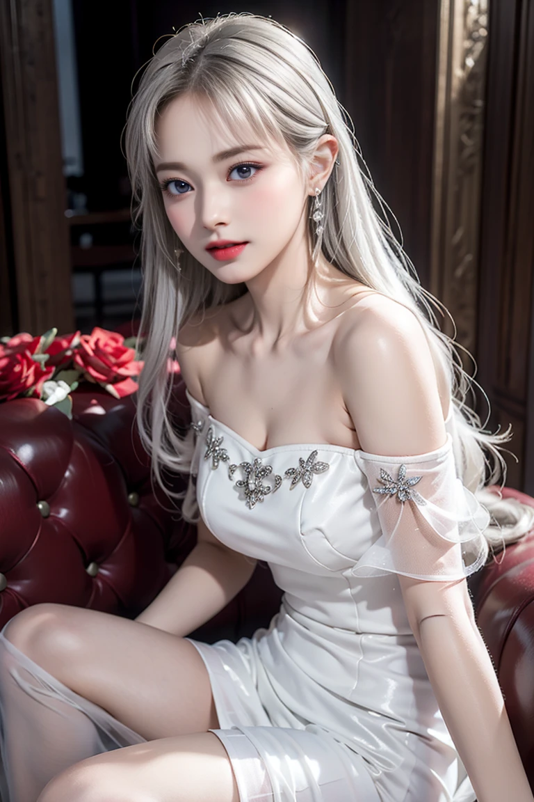 photorealistic, masterpiece, high resolution, soft light, mature female, silver hair, blue eyes, hips up, maid costume, jewelry, (Girl lying on bed)、Beauty、 One Girl、alone、Long Hair、Viewer、smile、blue eyes、hair ornaments、、gem、Gray Hair、Shut your mouth、Blunt bangs、Manicure、bracelet、lips、Grey Eyes、Portraiture、Red nails、close、Red lips、Put your hands on your face、Place your hand on your cheek、(Perfect body)、(Shiny skin)、((Skyscrapers are hazy outside the window))、(Off-shoulder white dress with floral pattern),),((Girl with her legs slightly apart)),(Leg spread),((White panties are visible)),(Lift-up skirt)、