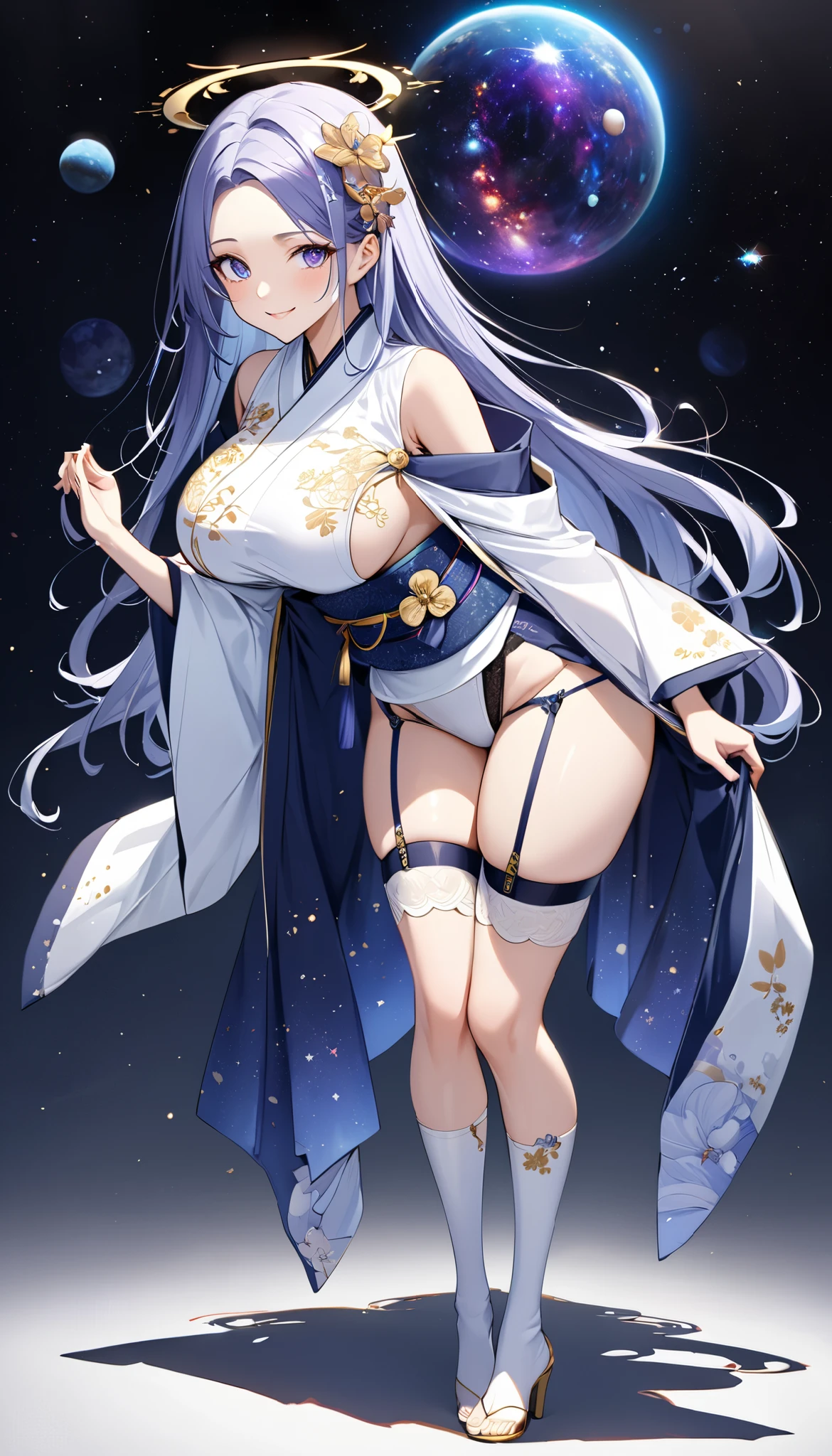 Fresh illustration,
Ultra-fine drawing,
Top quality,
Very delicate illustration,
Very fine details,
Beautiful charming anime woman,
Enchanting anime girl,
Super detailed,
Beautiful and sophisticated,
Illustration of a girl,
Full body drawing,
Standing motionless,
Arms slightly spread,
Height 158cm,
Fair skin,
Right eye is blue,
Left eye is purple,
Odd eye,
Heterochromie iris,
Large black pupil,
Beautiful eyes,
Super long hair,
Shiny hair,
Roots are blue and the rest is white,
Hair has a gradient,
Forehead is exposed,
Cute face,
Pretty face,
There is a shining angel halo on the back of the head,
Eyebrows are lowered,
Smiling,
Upper body is wearing kimono,
Upper body is wearing Japanese clothing,
Overall white clothes,
Lower body is wearing a Chinese dress,
Obi color is black,
Tasteful embroidery with gold thread,
Top Quality fabric clothing,
Big breasts,
Thongs,
Garter belts,
Stockings,
Thigh straps,
Thigh straps digging into the skin,
White long boots,
Japanese-style toes,
Thin waist,
Thick thighs,
Isometric,
Golden ratio,
Divine atmosphere,
Wearing an indigo-colored stand-up collared inner,
Outer space,
Multiple galaxies,
Countless small stars,
Tactical use of shadows,
Clothes and hair do not extend beyond the frame,
