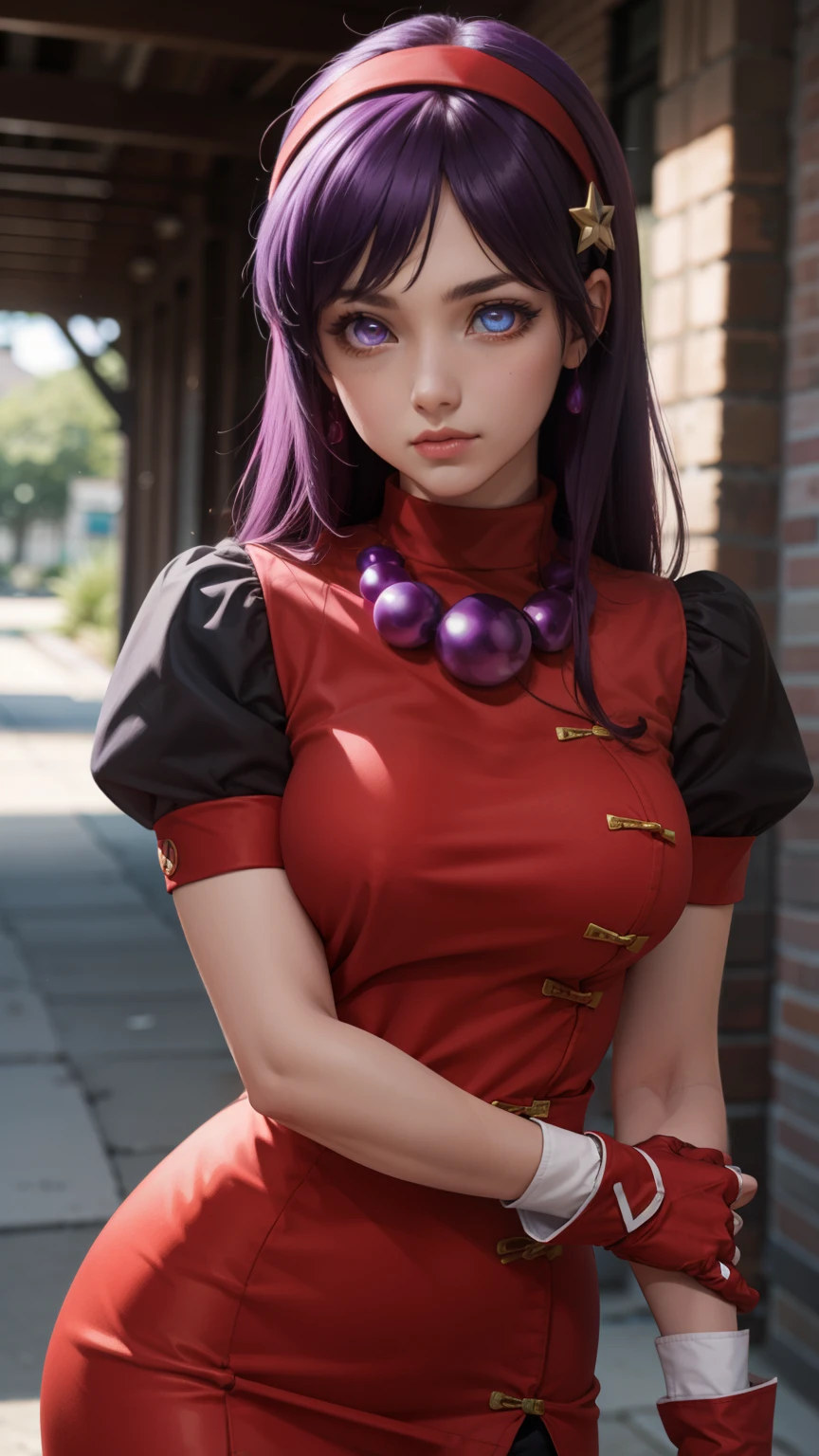 athenaasamiya, athena asamiya, long hair, hair ornament, (purple eyes:1.1), purple hair, hairband, star \(symbol\), star hair ornament, red hairband,
BREAK gloves, jewelry, pants, fingerless gloves, necklace, bead necklace, chinese clothes, dress, red dress, puffy sleeves, short sleeves, white sleeves, red gloves,
BREAK outdoors,
BREAK cowboy shot, looking at viewer,
BREAK (masterpiece:1.2), best quality, high resolution, unity 8k wallpaper, (illustration:0.8), (beautiful detailed eyes:1.6), extremely detailed face, perfect lighting, extremely detailed CG, (perfect hands, perfect anatomy),