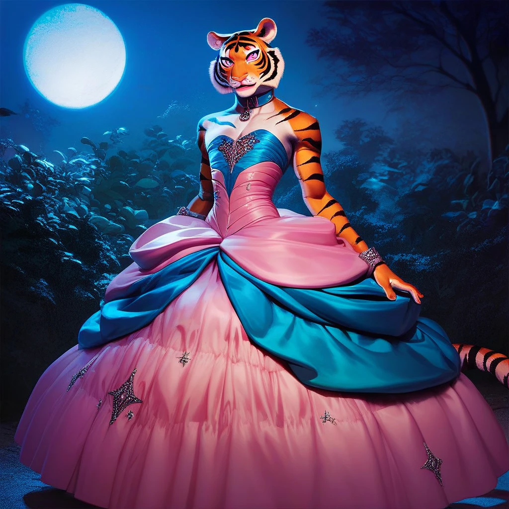 femboy, tiger, tiger ears, blue striped stockings, collar, thighs, zPDXL , night, moon, moonlight, pink lips, pink eyeshadow, wear Ballgown, male chest, facing viewer, at hall,