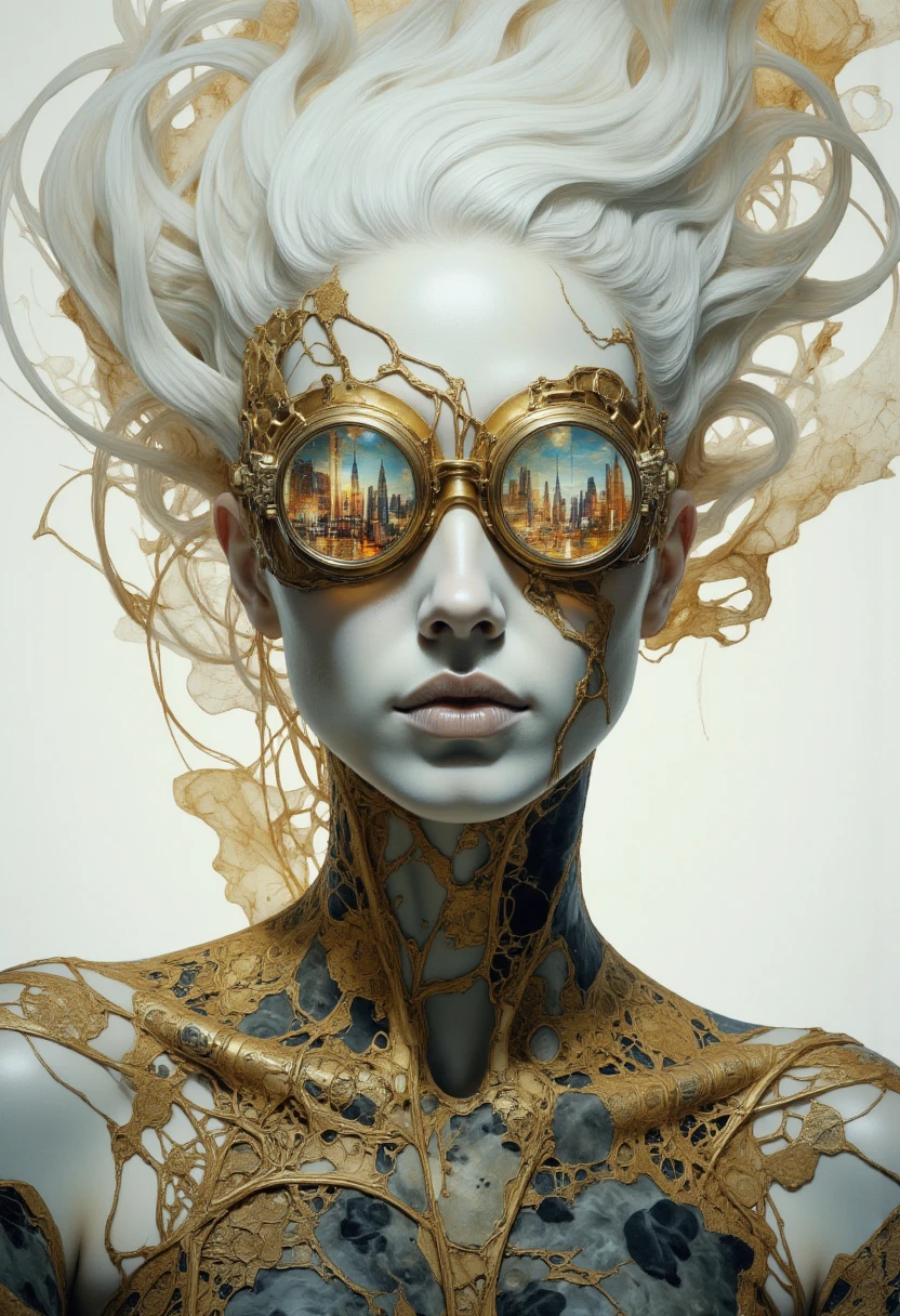 A futuristic, surreal portrait of a biomechanical cyber-woman with intricate, organic, and mechanical elements integrated into her design. She has flowing white hair that seems to merge into a swirling, cloud-like texture, and her skin is porcelain white with delicate golden cracks resembling a network of veins or circuits. She wears elaborate steampunk goggles with golden frames, reflecting a vibrant, abstract cityscape. Her neck and shoulders are adorned with intricate, lace-like patterns resembling a blend of golden filigree and dark organic matter. The overall aesthetic is a fusion of cyberpunk, baroque, and fantasy, with glowing, otherworldly highlights and a soft, ethereal background. The mood is mysterious, elegant, and futuristic.,
