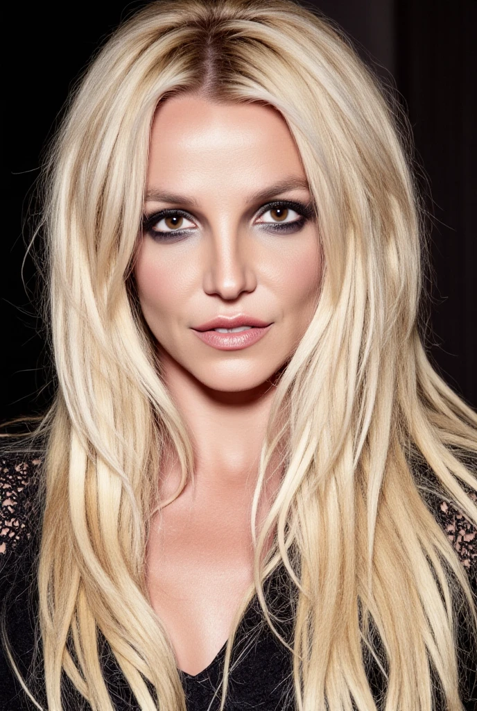 A portrait of Britney Spears, portrait, britney, styled in a promotional photo, featuring light blonde wavy hair, wearing a black lace and leather garment, and a sophisticated, mysterious and intense facial expression; with a focus on capturing the nuanced lighting and smooth skin tones, dark, ominous, vampy, scary, mysterious, thriller. Masterpiece, high quality, high definition, dark makeup with a dark red lipstick, blood dripping on her face, blood moon in the background, black and white picture but the red details remain.