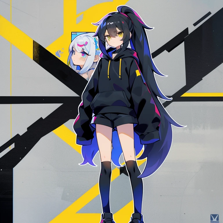 1 girl, pale skin, gray shoulder shirt with black stripe, with black panties, black socks, devil tail, black hair with long bangs, black straight horns, big , with red eyes and big lashes,
