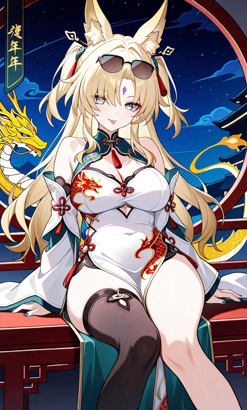 1girl, /(honkai series/), blonde hair, bare shoulder, looking at viewer, tongue out, sitting, two side up, large breast, animal ears, :P, detached sleeves, wide sleeves, eyebrows visible through hair, black legwear, nail polish, single thighhigh, thighs, hair ornament, arm support, jewelry, night, black glasses, mini glasses, white dress, pelvic curtail, eyewear on head, china themed dress, bold outline, gold outline, china dragon, dragon on the background, character focus, cinematography, best quality, highres