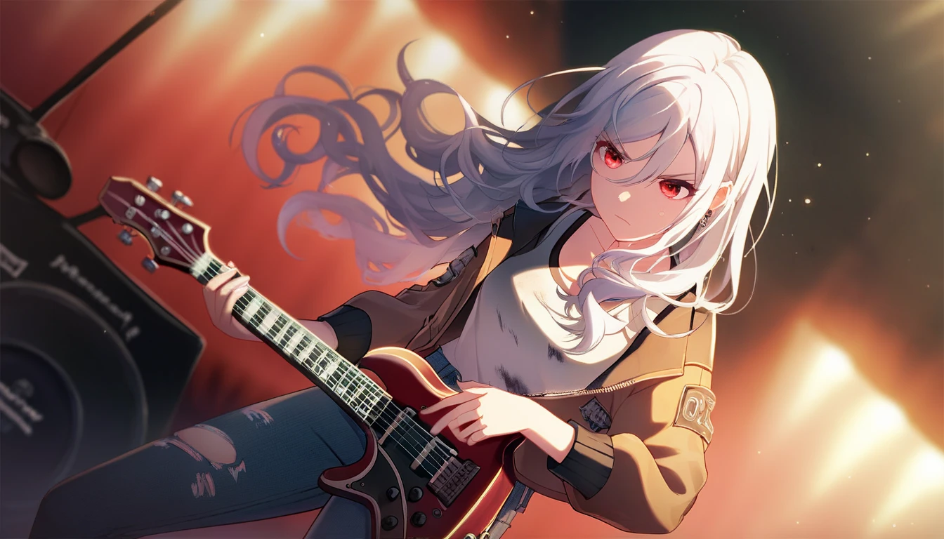 score_9, score_8_up, score_7_up, score_6_up, score_5_up, score_4_up, 1girl, solo focus, white hair, red eyes, medium hair, (long hair:1.3), wavy hair, hair between eyes, annoyed, piercings, (black jeans:1.2), ripped jeans, vest, tank top, chest sirashi, bomber jacket, open jacket, concert stage, microphone, electric guitar, warm lighting