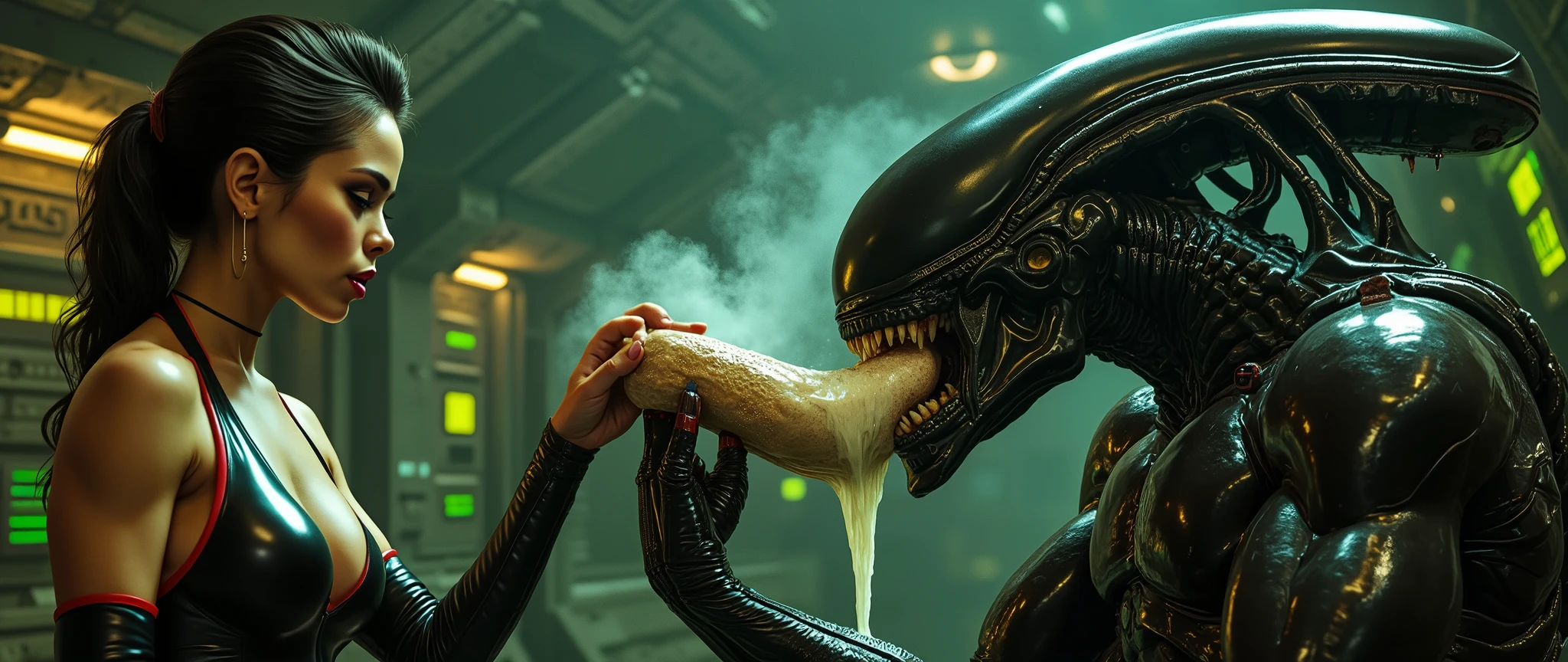 slender exotic space girl, in black leather space suit, red trim, Italian sci-fi film aesthetic, lying next to a sexually aroused xenomorph her hand massaging his erect alien appendage, gooey white alien fluid oozing out, on a decrepit old spaceship, dark atmosphere, cathedral lighting, steam, green computer lights, LEDs, lurid vivid colors, horror movie vibe, retro, HD, intricate, erotic, NSFW