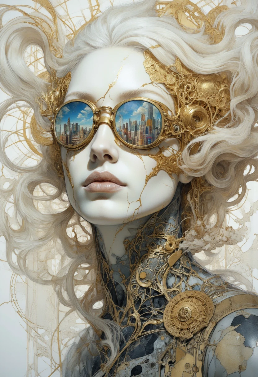 A futuristic, surreal portrait of a biomechanical cyber-woman with intricate, organic, and mechanical elements integrated into her design. She has flowing white hair that seems to merge into a swirling, cloud-like texture, and her skin is porcelain white with delicate golden cracks resembling a network of veins or circuits. She wears elaborate steampunk goggles with golden frames, reflecting a vibrant, abstract cityscape. Her neck and shoulders are adorned with intricate, lace-like patterns resembling a blend of golden filigree and dark organic matter. The overall aesthetic is a fusion of cyberpunk, baroque, and fantasy, with glowing, otherworldly highlights and a soft, ethereal background. The mood is mysterious, elegant, and futuristic.,
