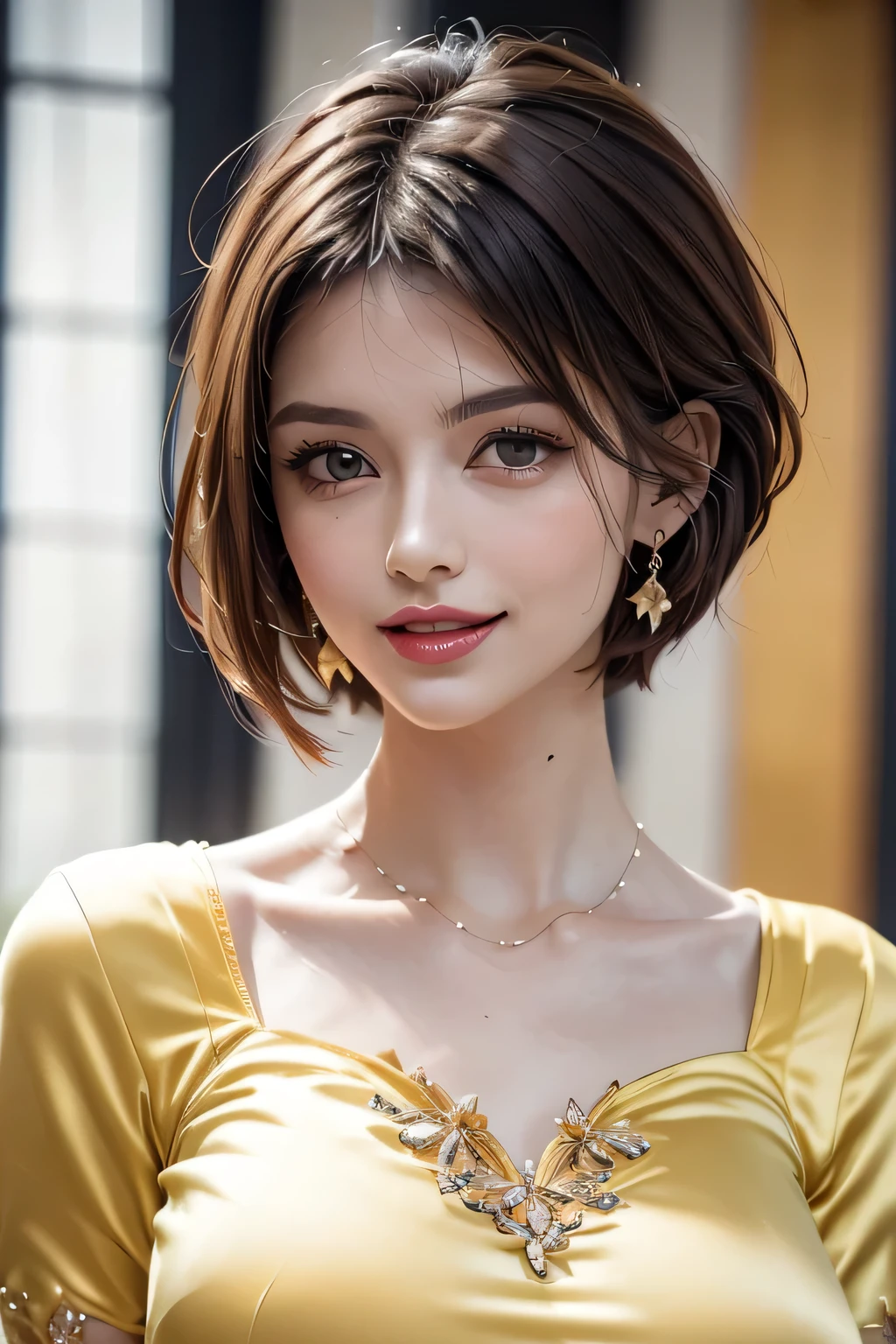 (1.    beauty ,    Supermodel   ), (      Perfect Anatomy ), (( upper body shot)), Golden Ratio, (top quality:1.4), 32k resolution, (    realistic      :1.5), High resolution UHD, (masterpiece :1.2)), (Improved quality:1.4), (  Very beautiful face details  ), (Grin), (top quality), ((light yellow silk dress decorated with finely detailed pattern :1.37)),    earrings,     necklace, (Big Breasts:1.3), (thigh), Accurate Fingers,   very detailed,   beautiful eyes,     double eyelids ,     eyelash    , Shaping your eyebrows, ((very detailed)),     red cheeks    , Ultra-     realistic      eyes, Perfect Lips,       perfect eyes,     natural cosmetics   , [ pink lipstick ], (( Commitment to quality       :1.2)), (    beautiful lips:1.33), (Great nose:1.2), (Big Breasts),       brunette pixie cut, ((    realistic    )), ((   Sharp Focus )), (     Highest Resolution ), ((    high image quality)), ((masterpiece)),     Professional Cinema Lighting  